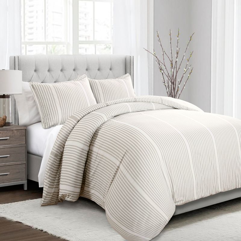 3pc Full/Queen Drew Stripe Duvet Cover Set Taupe - Lush Décor