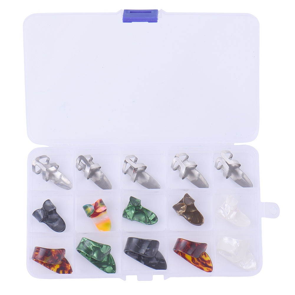 15pcs Stainless Steel Celluloid Thumb Finger Guitar Picks with 15 Grid Case Storage Box