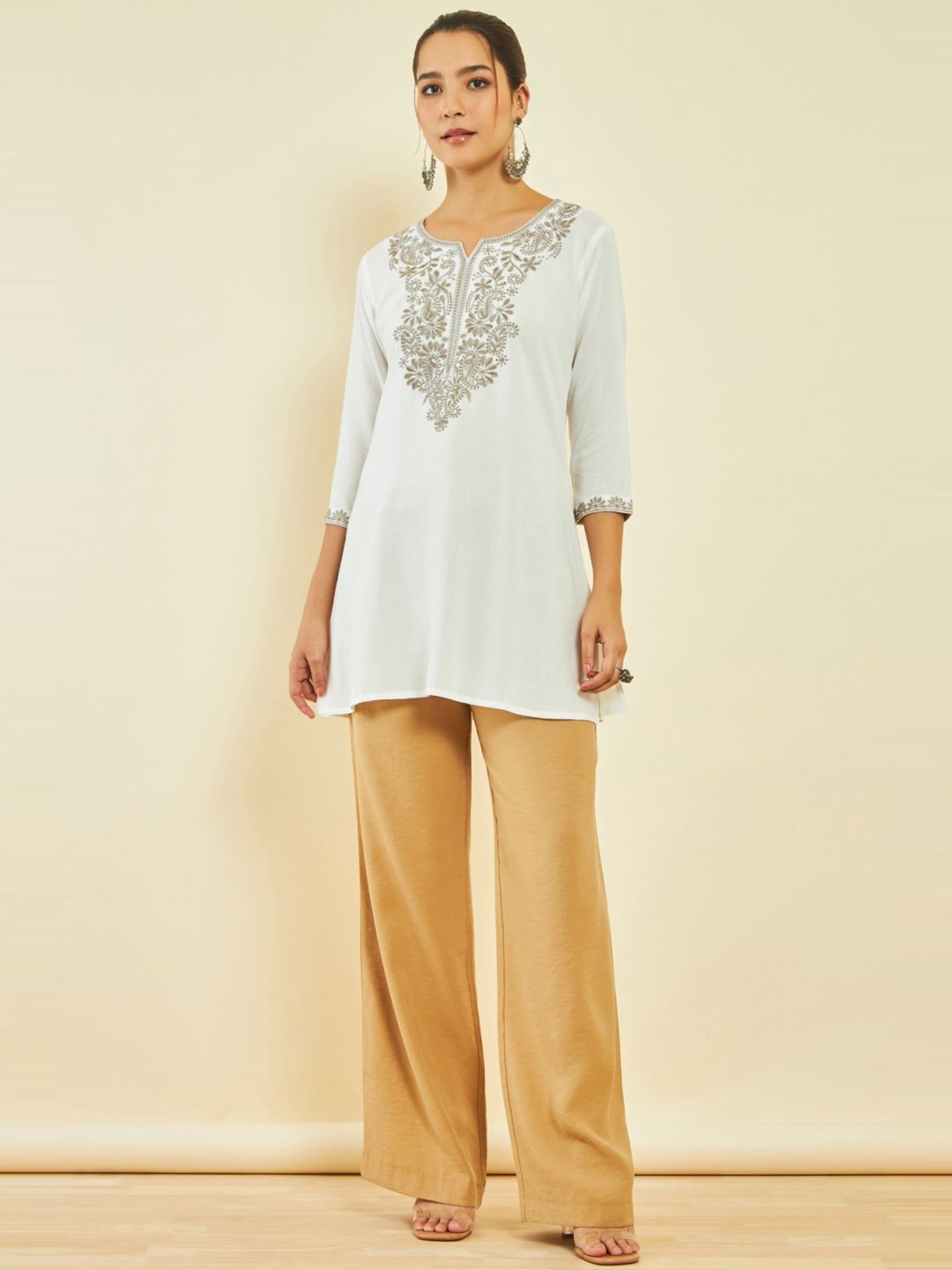 Soch Off White Rayon Paisley Embroidered A-Line Tunic with Vented Hemline