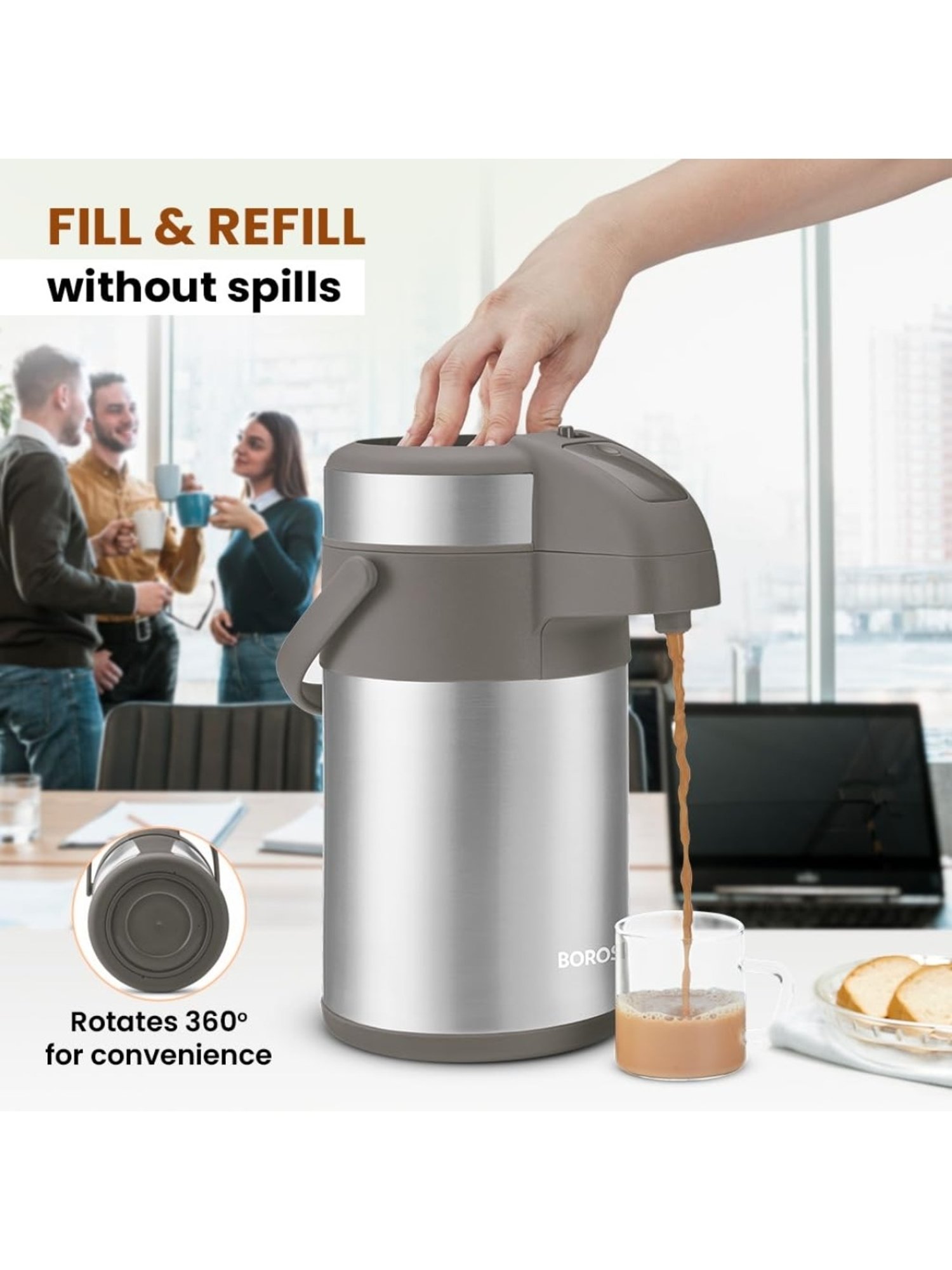 Borosil Silver Stainless Steel Thermos Flask 3L with 24 Hrs Hot & Cold Tea Coffee Serving