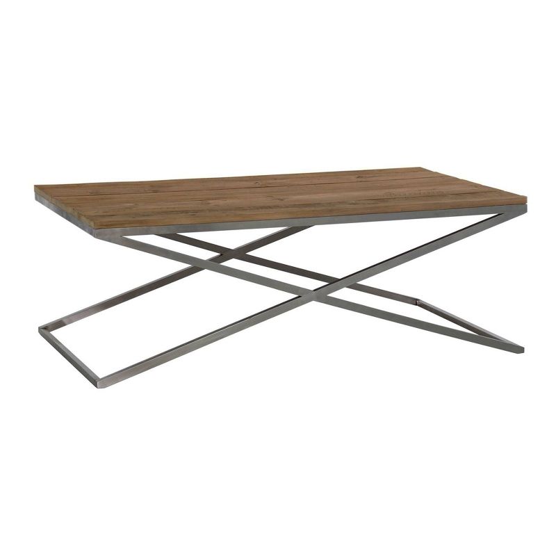Wooden Coffee Table with Stainless Steel Cross Sled legs Brown/Gray - Benzara