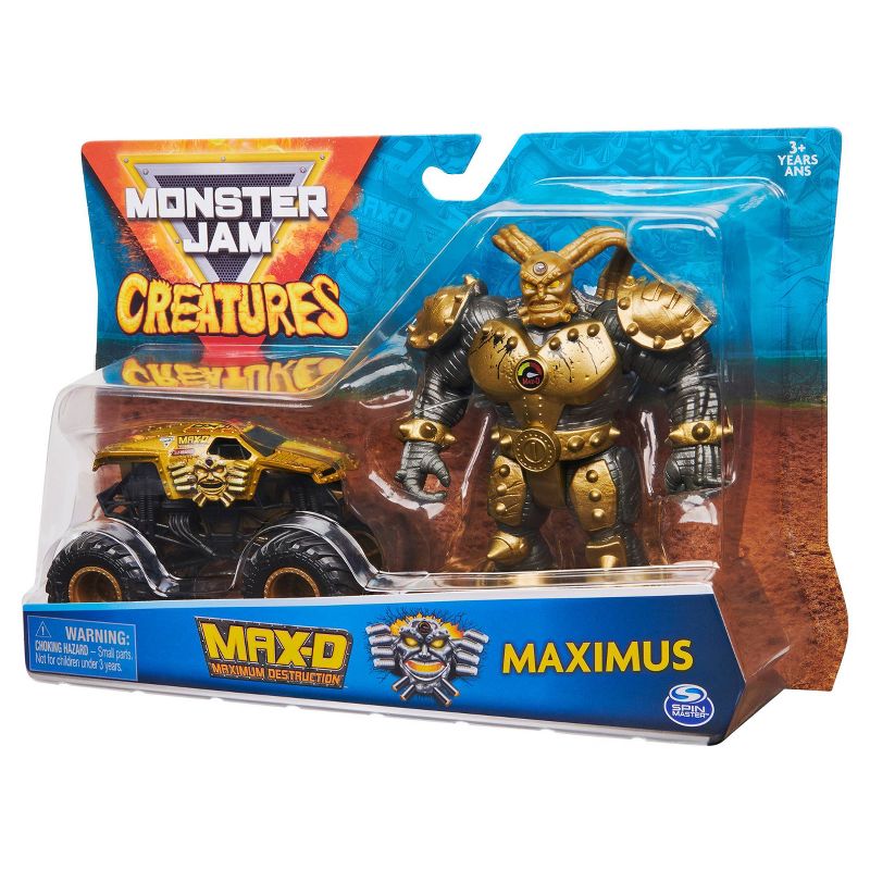 Monster Jam Official Max-D 1:64 Scale Monster Truck and 5" Maximus Creatures Action Figure - Metallic Gold