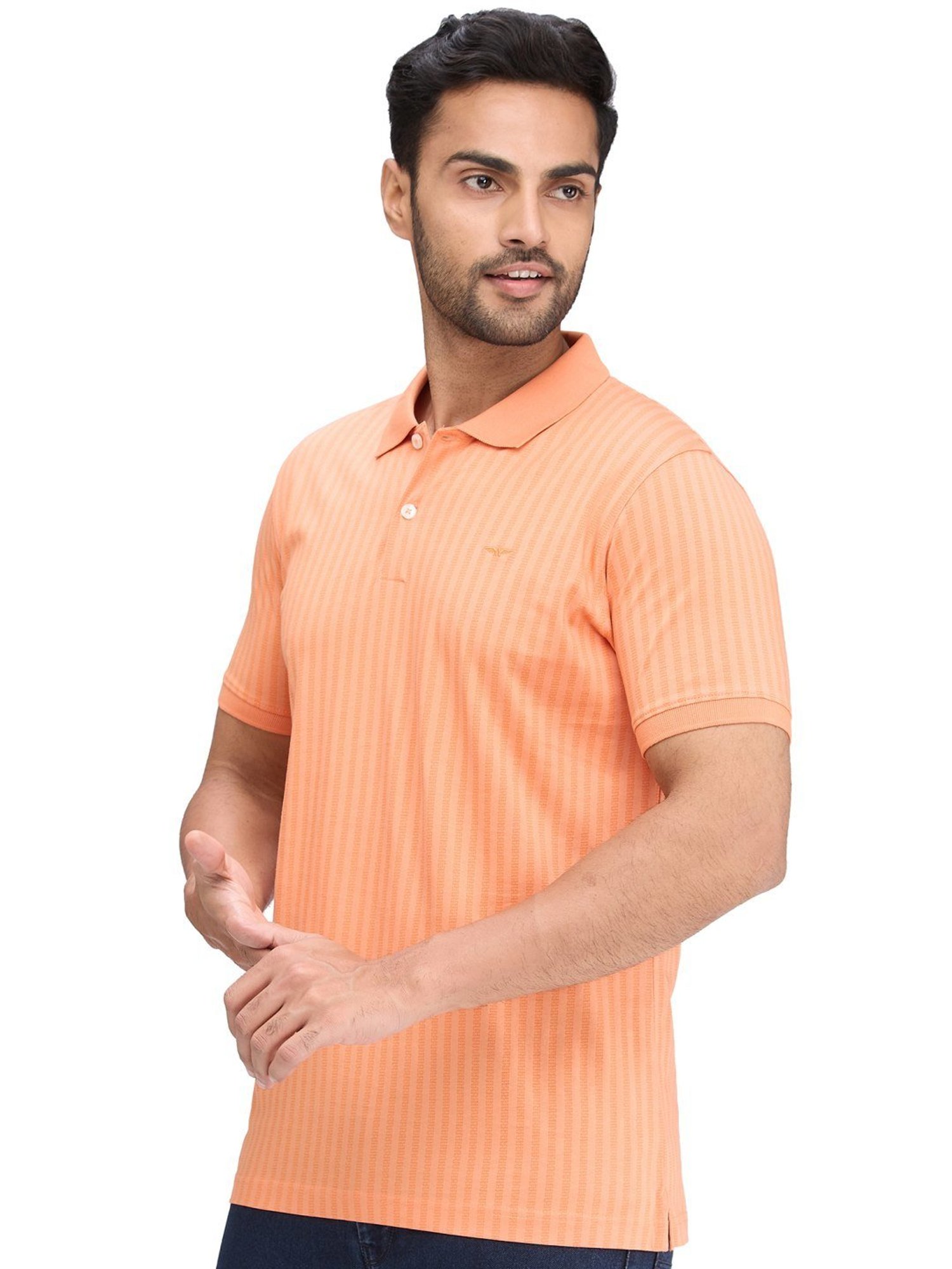 Park Avenue Orange Slim Fit Striped Polo T-Shirt