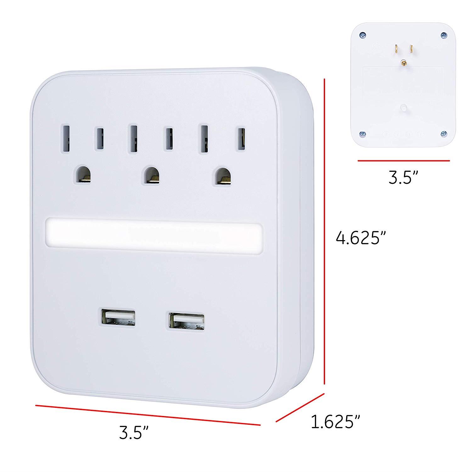 GE Pro USB Charging Surge Protector with Light Sensing Night Light, 3 Outlets, 2 USB Ports, Wall Charger, Dusk to Dawn Sensor, 3 Outlets, 2 USB Ports, 440 Joules, White, 41628