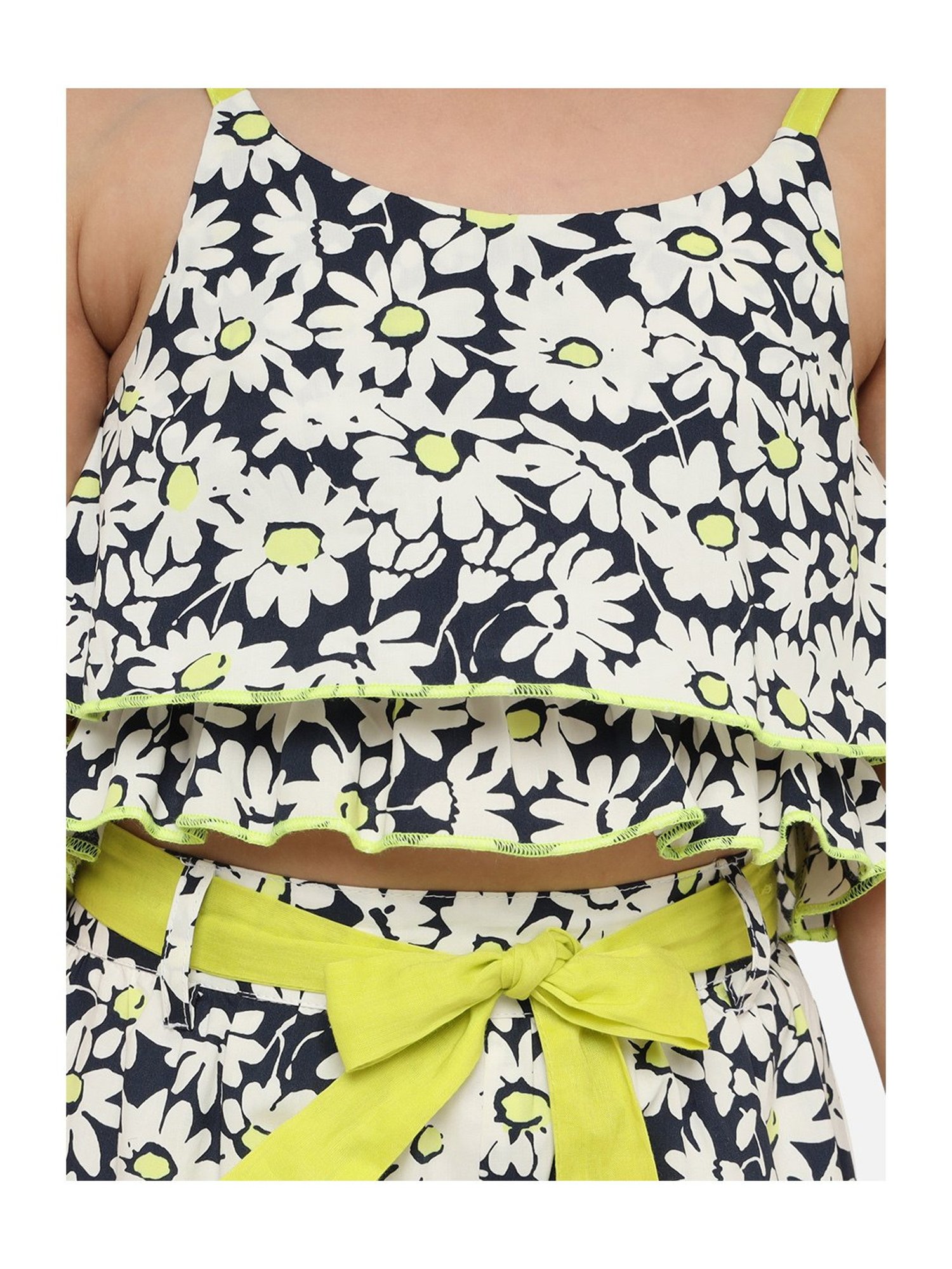 Nauti Nati Kids Navy Floral Print Top, Plazzos with Waist Tie Ups