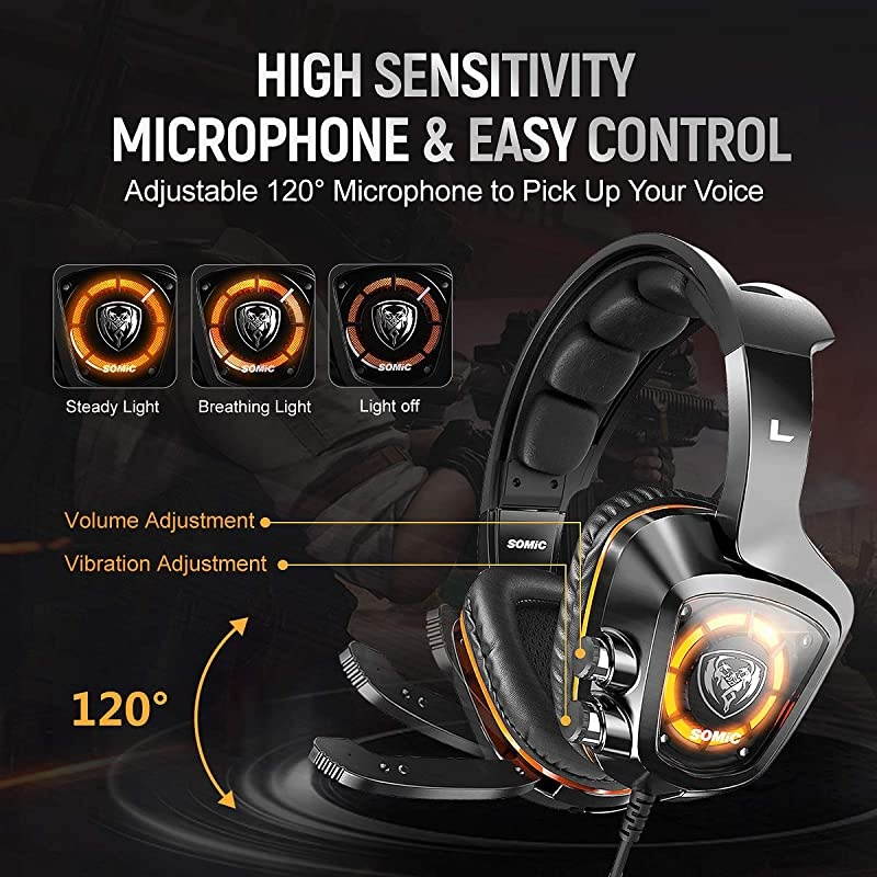 USB Plug Virtual 7.1 Surround Sound Gaming Headset for PC, PS4 , Laptop, with Vibration Bass, Mic and LED Lights G910,Black