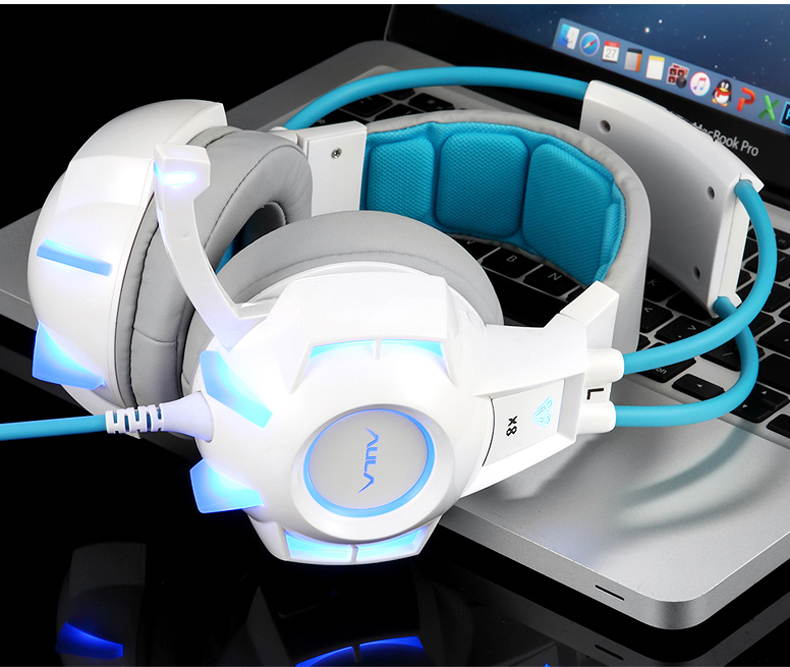 AULA X8 USB Wired Cool LED  Gaming Headset 7.1 Low Deep Bass Built-in Microphone, 50mm Unit Game headphone With Noise Cancelling  for Laptop Computer Game,  4D Virtual Speaker, Blue and White