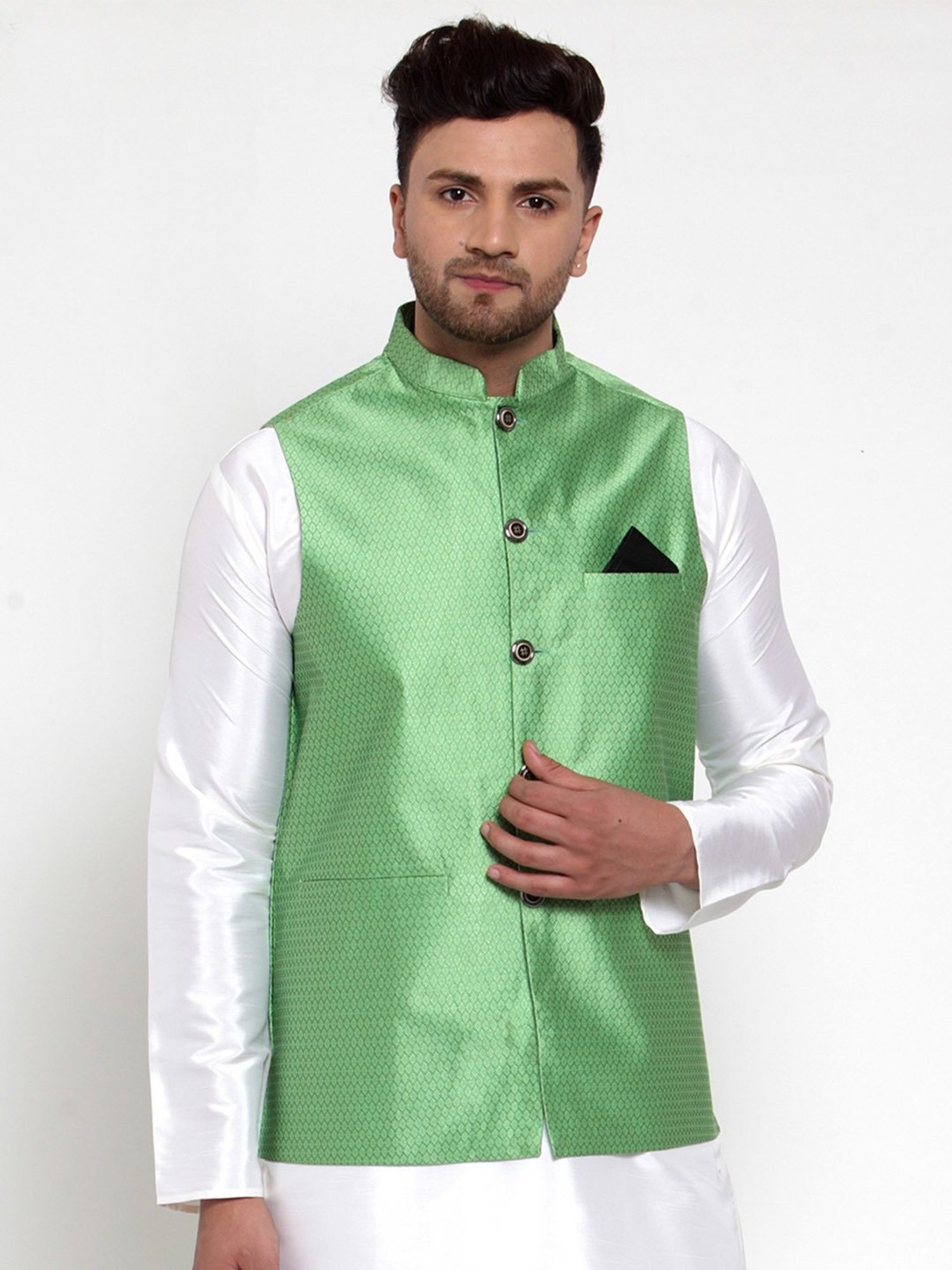 Jompers Green Regular Fit Self Design Nehru Jacket