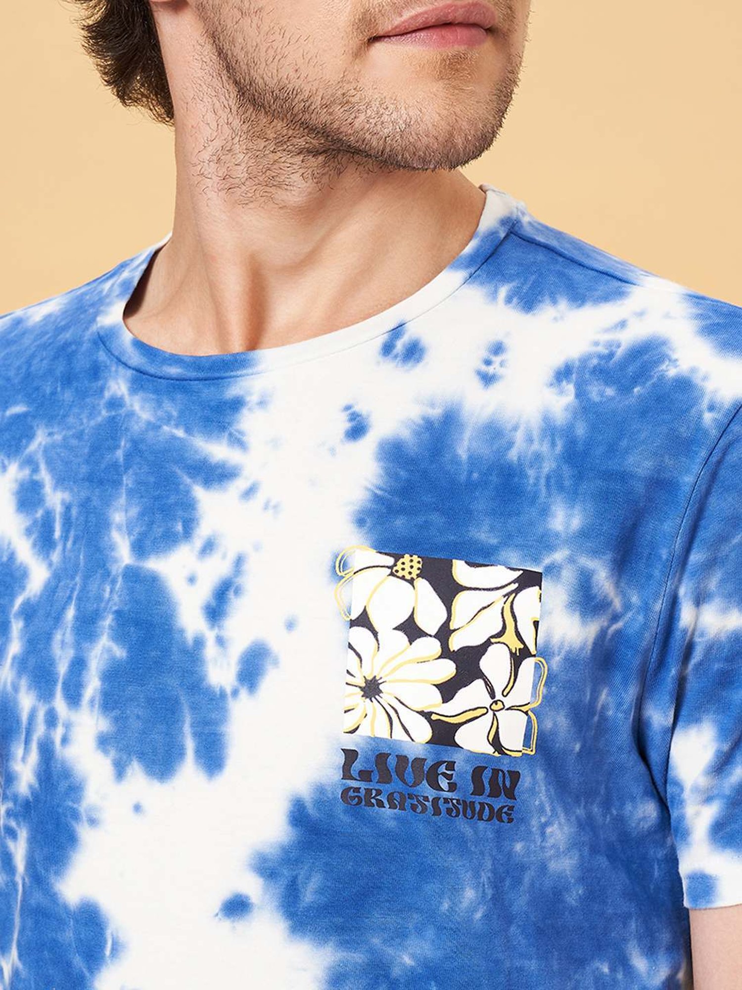 People by Pantaloons Olympian Blue Cotton Slim Fit Printed T-Shirt