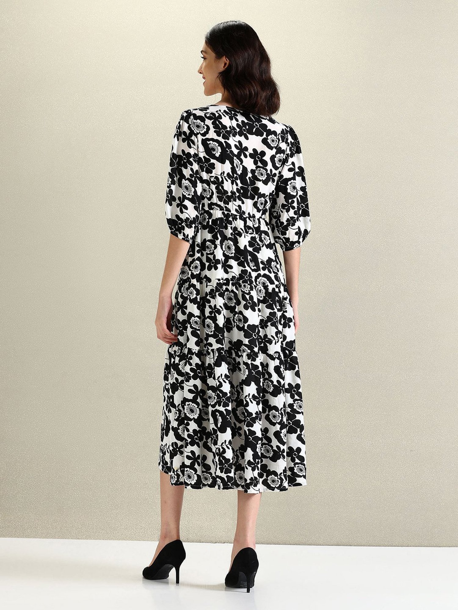 U.S. Polo Assn. Black & White Cotton Floral Print Midi Dress