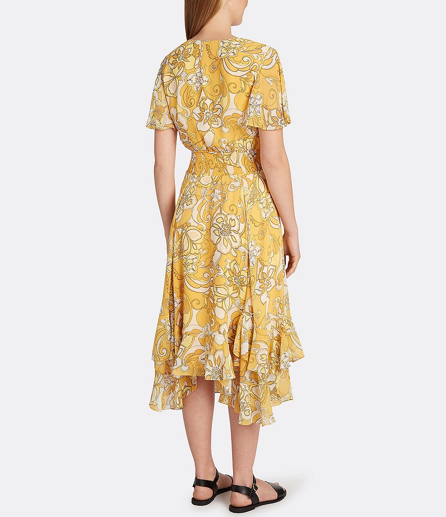 Tahari ASL Short Sleeve Smocked Waist V-Neck Ruffle Midi Dress