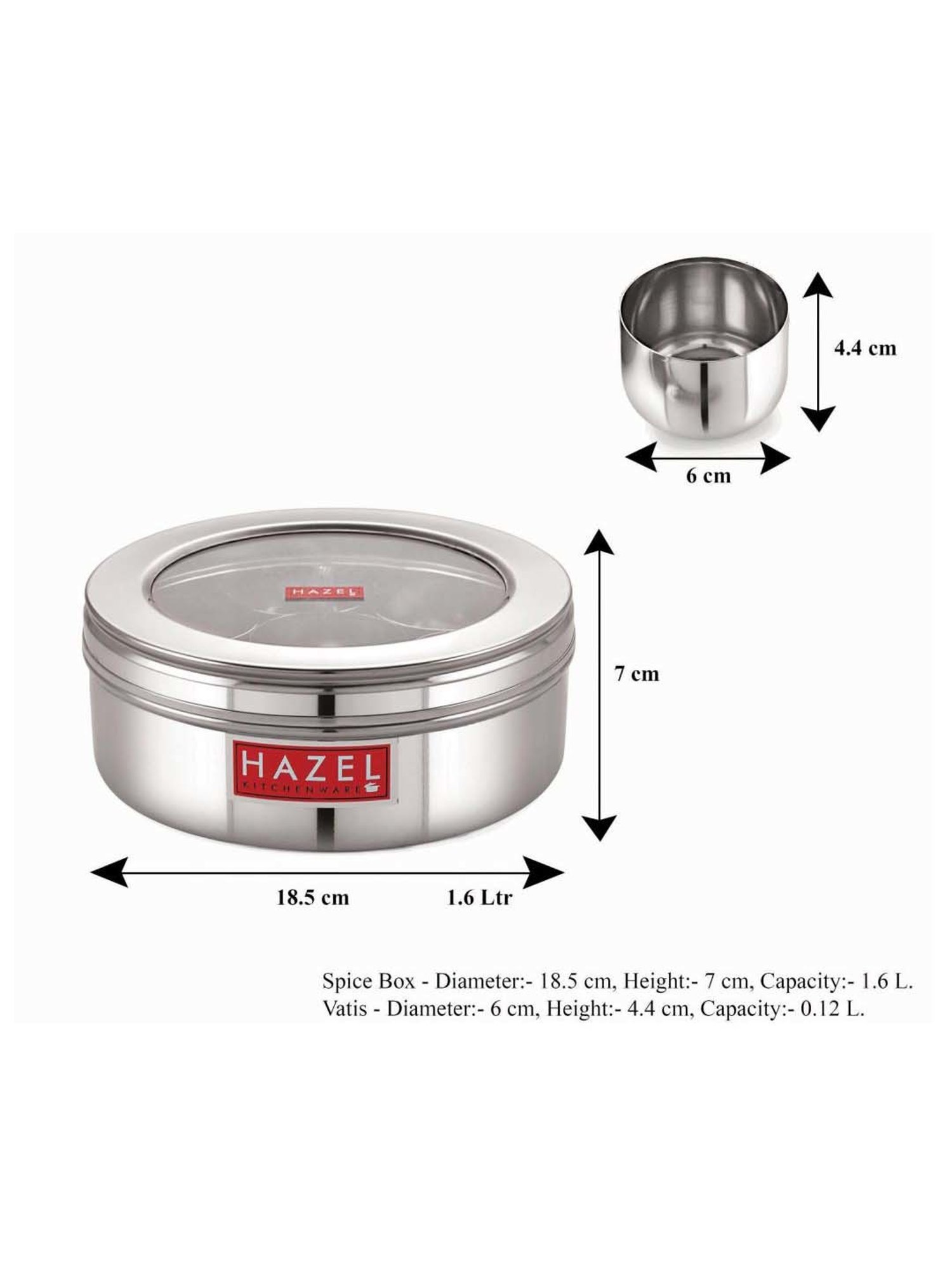 HAZEL Silver Stainless Steel See Through Masala Container Box With 7 Wati & Spoon (1.6 L)