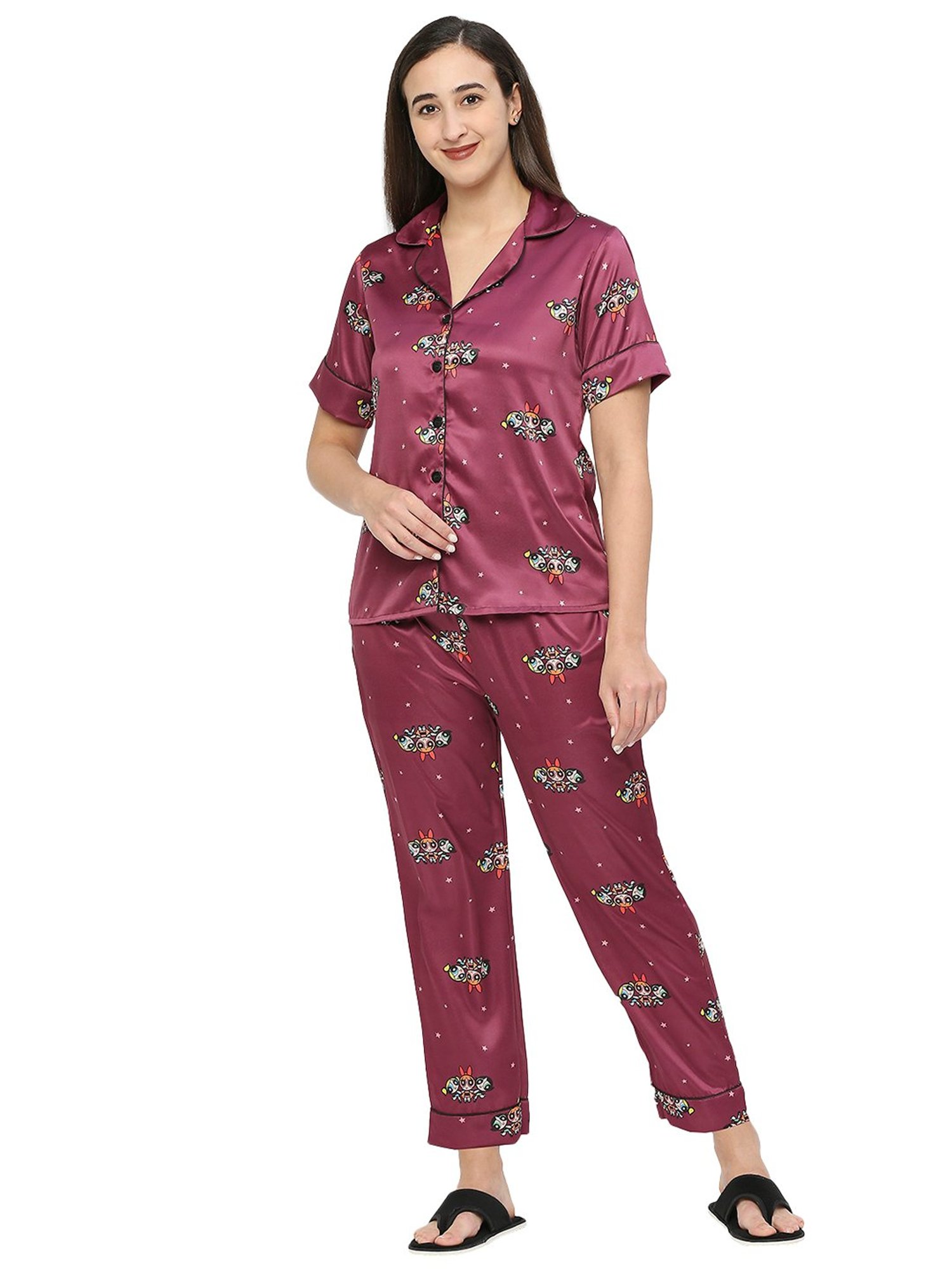 Smarty Pants Maroon Satin Print Shirt With Pyjamas