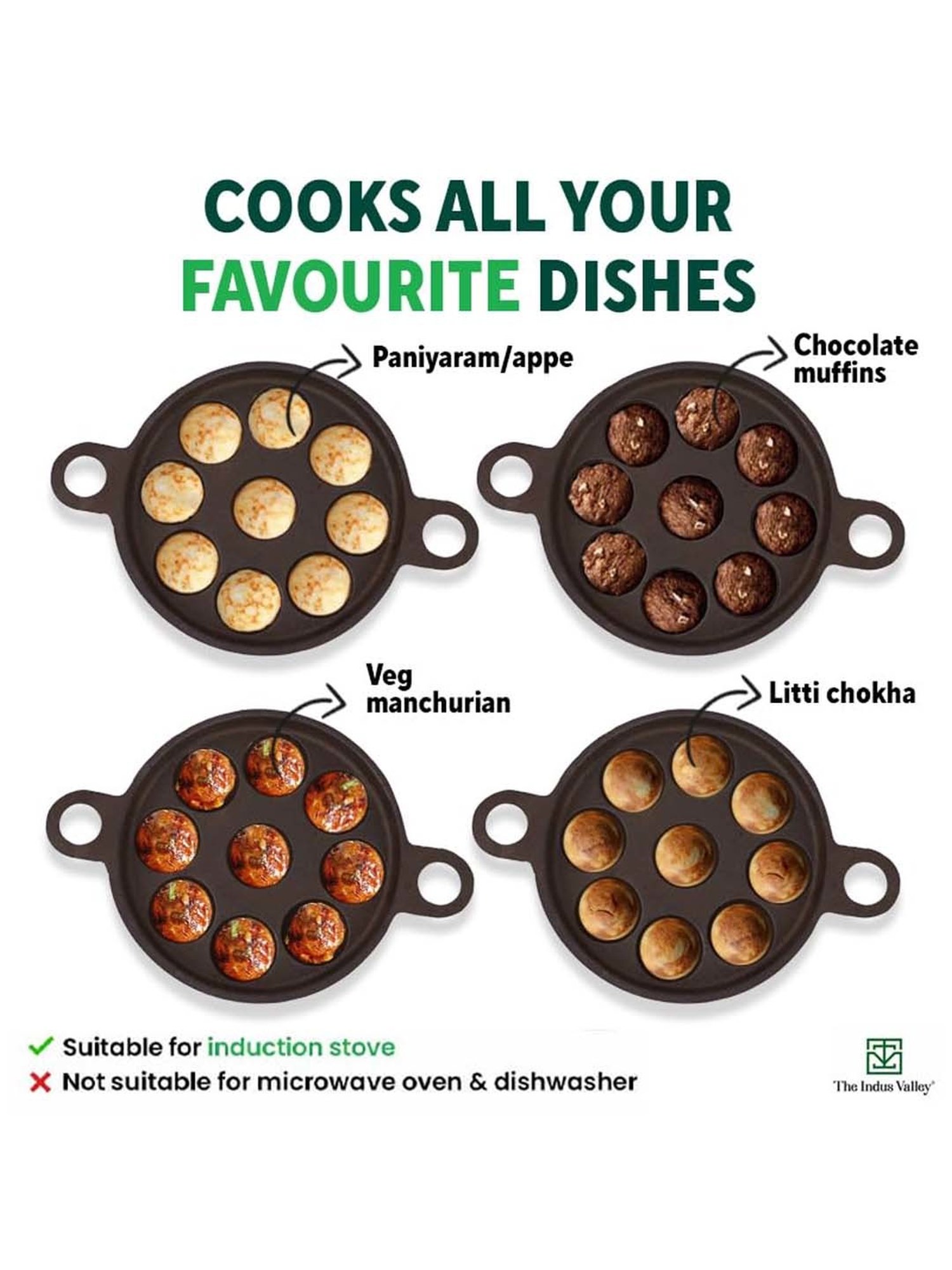 The Indus Valley Black Cast Iron 20.8cm 9-Pit Paniyaram Pan with Free Wooden Picker