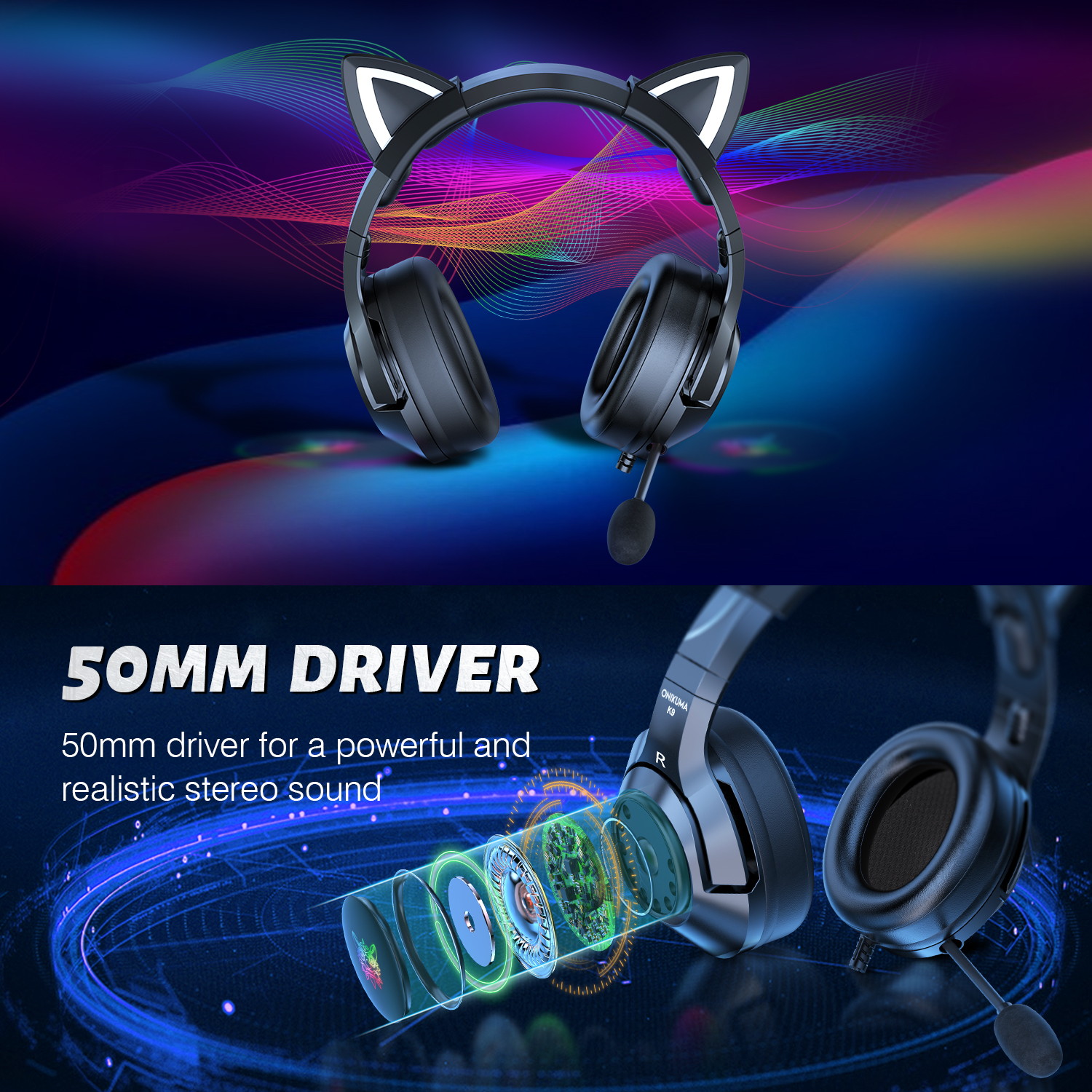 K9 Gaming Headset with Removable Cat Ears, for PS5, PS4, Nintendo Switch, PC, with Surround Sound, RGB LED Light & Noise Canceling Retractable Microphone