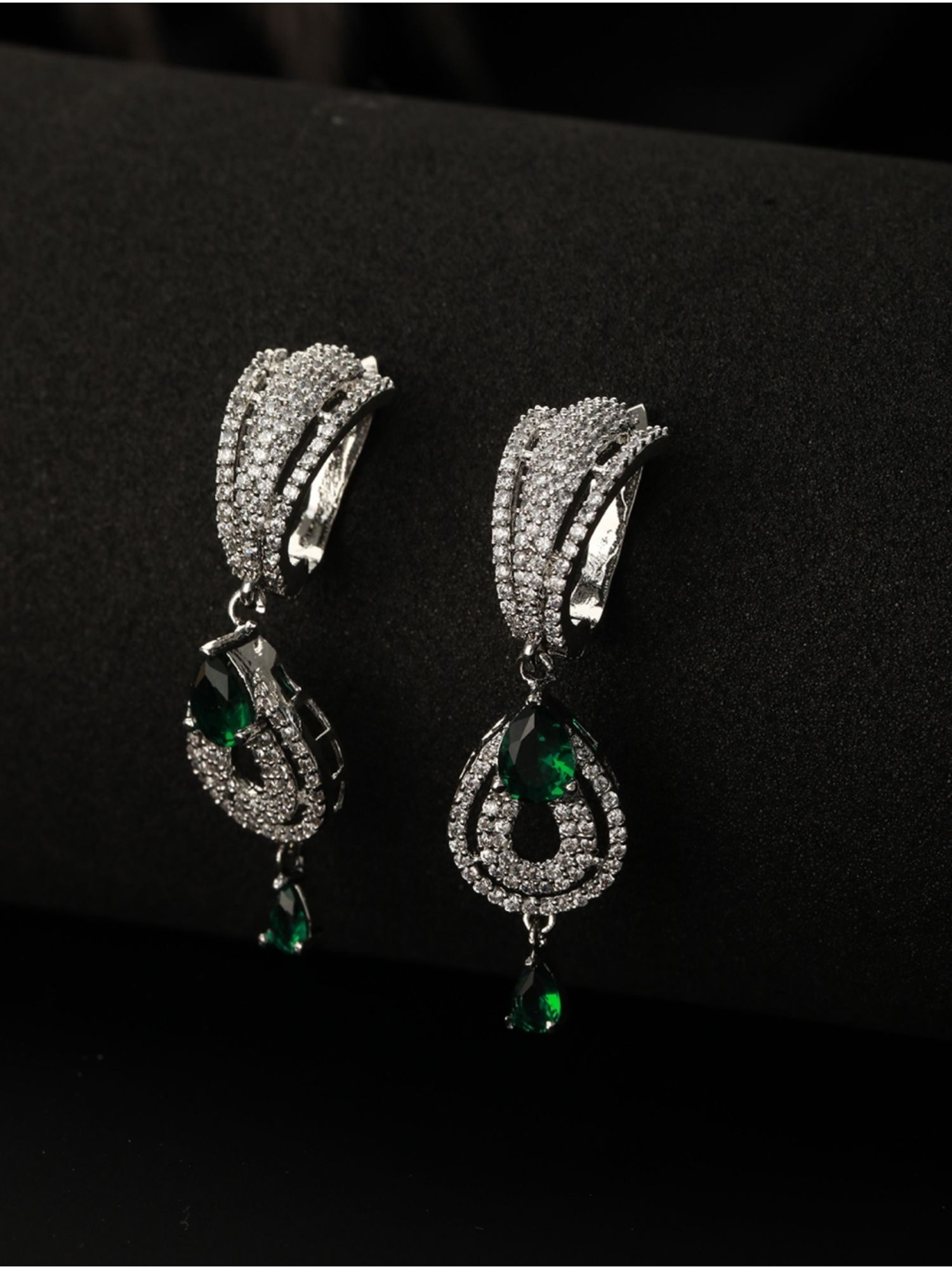 Aatmana Green & White Rhodium-Plated AD Studded Teardrop Earrings for Women