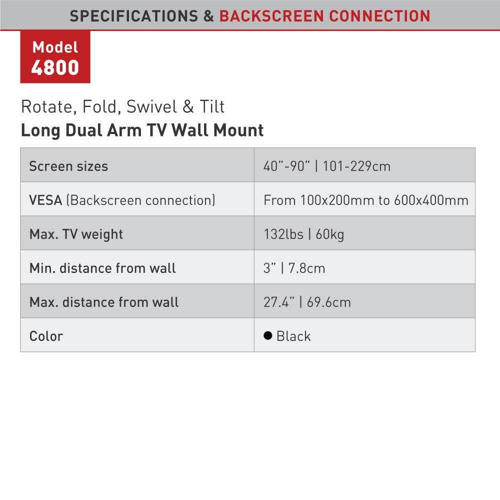 Barkan 40 - 90  Full Motion - 4 Movement, Flat/Curved TV Wall Mount, Extremely Extendable and Stable, Patented,