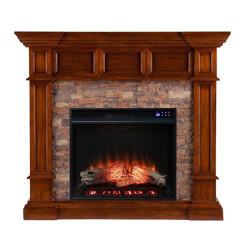 Southern Enterprises Maison Touch Panel Electric Convertible Fireplace with Faux Stone Buckeye Oak