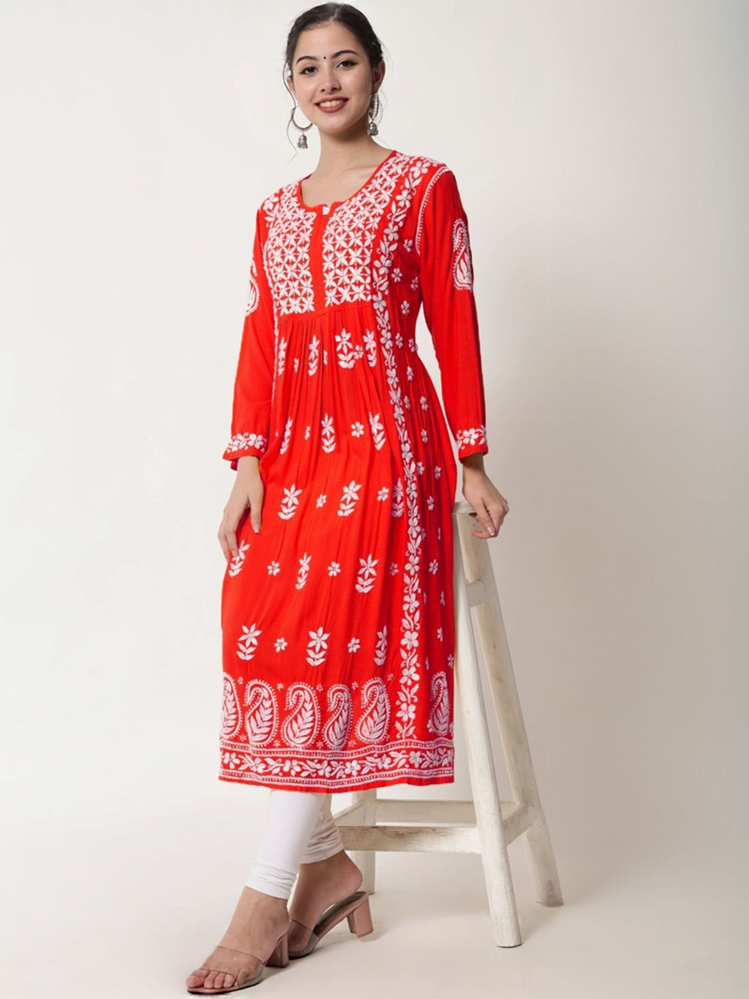 PARAMOUNT CHIKAN Red Hand Embroidered Chikankari A Line Kurta