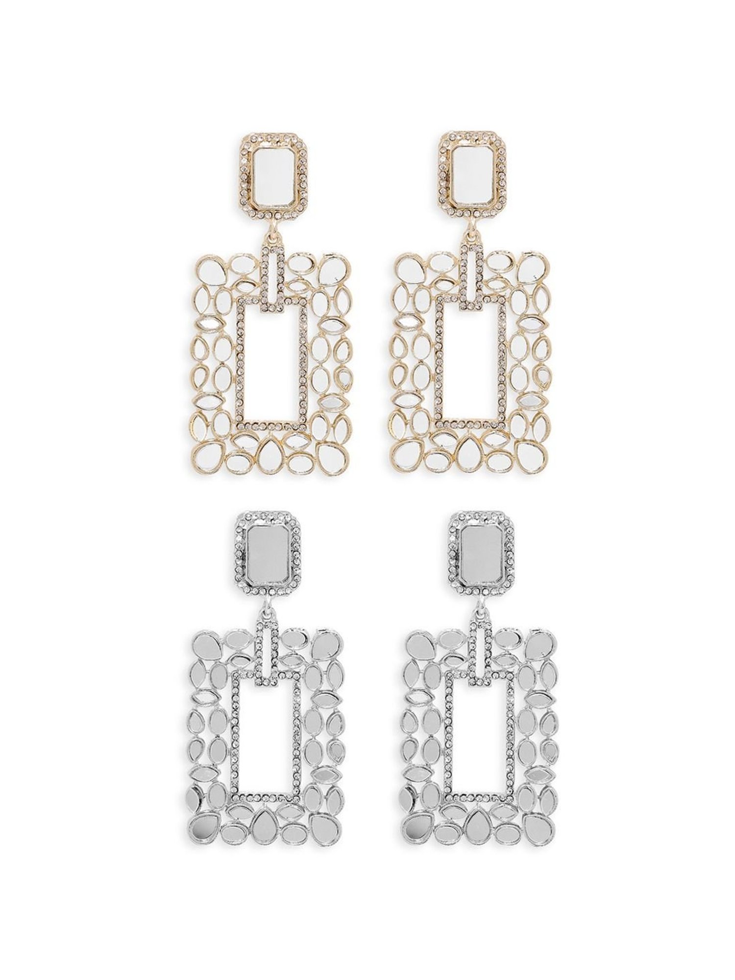 OOMPH Golden & Silver-Tone Kundan Rectangle Shape Ethnic Large Dangler Earrings for Women - Set of 2