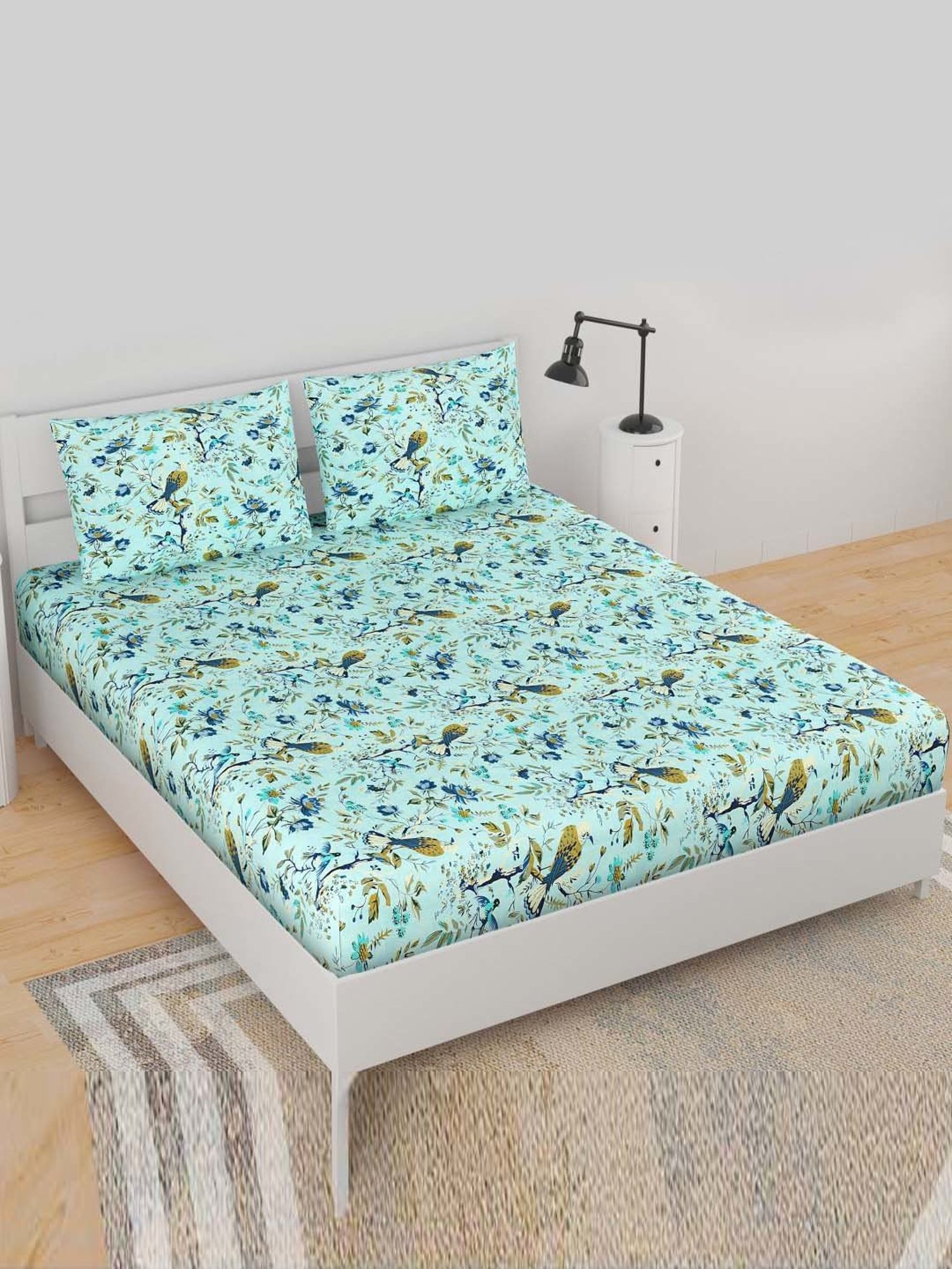 BELLA CASA Classic Floral Blue 210 TC Microfibre Bedsheet with 2 Pillow Covers