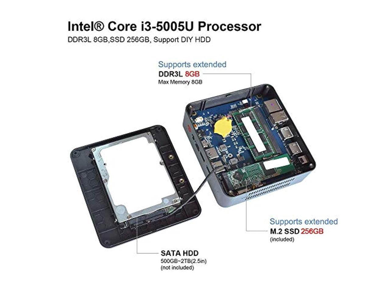 Intel 4 Threads Core i3-5005U 2.0Ghz Beelink Mini PC with 8GB RAM 256GB SSD Windows 10 Pro 64-Bits, U55 Mini Computer Support HD Dual HDMI, Bluetooth 4.0, Dual WiFi, Gigabit Ethernet,USB3.0