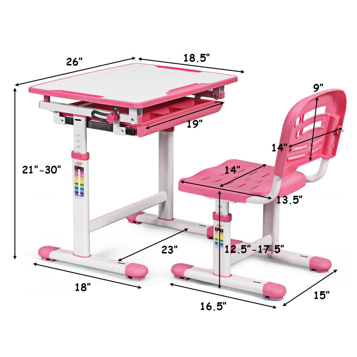 Height Adjustable Children&rsquo;s Desk Chair Set Multifunctional Study Drawing Pink