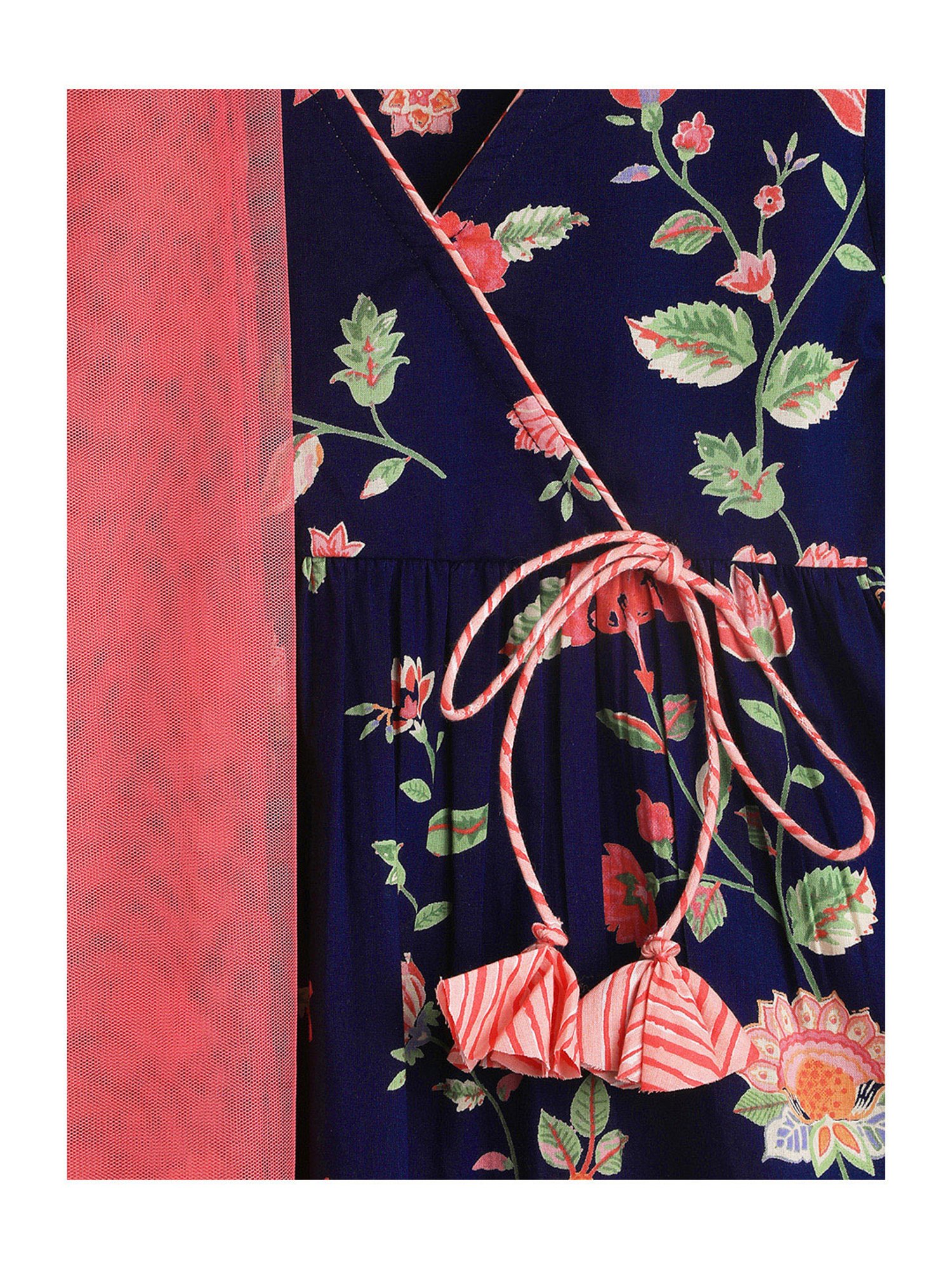 Campana Kids Navy & Peach Floral Print Kurta, Sharara with Dupatta