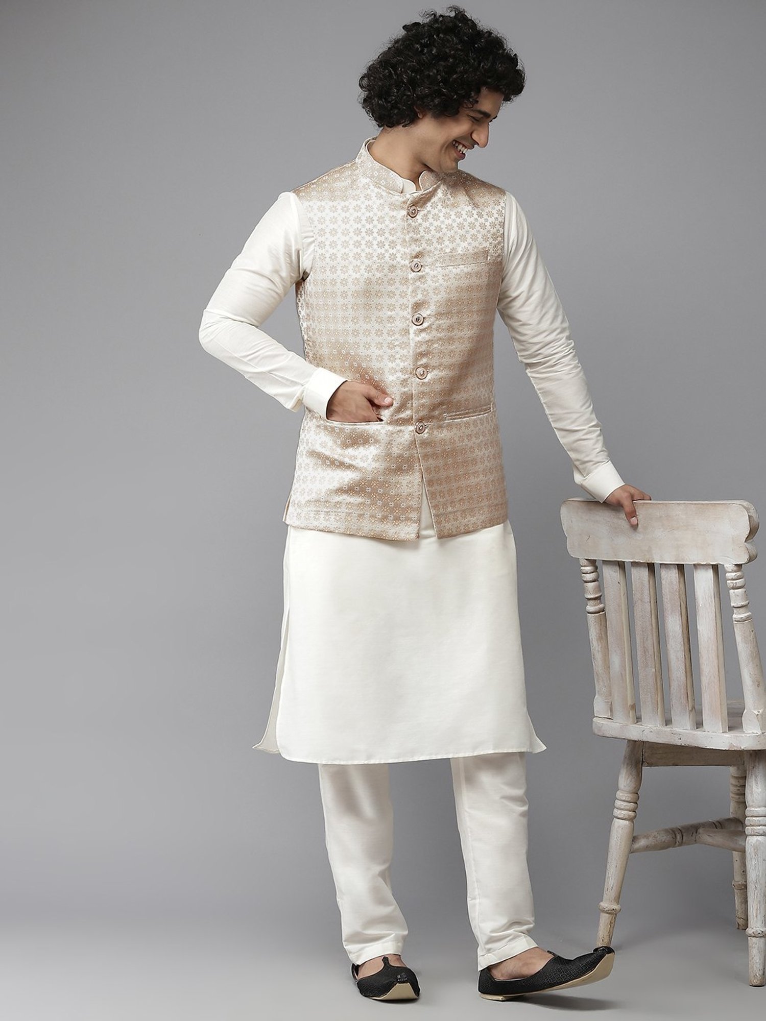 See Designs Gold Regular Fit Self Pattern Nehru Jacket