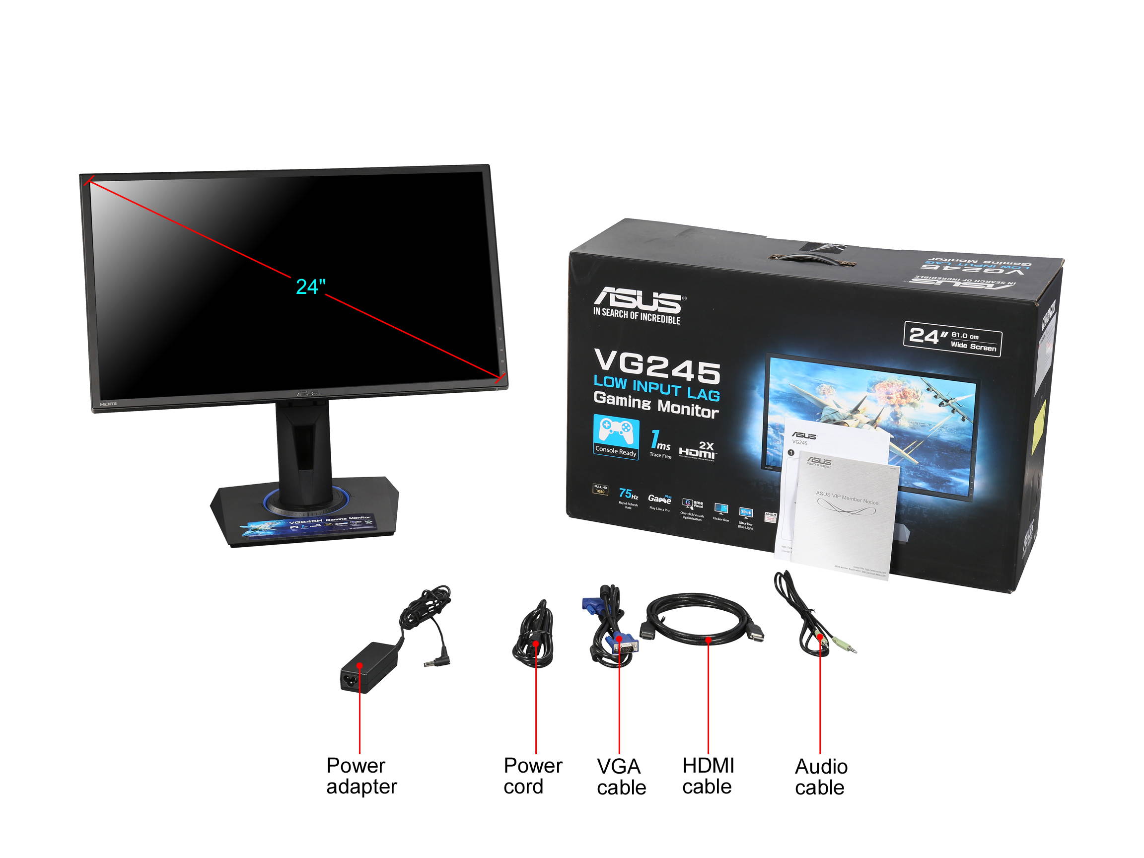 ASUS VG245H 24" 1920 x 1080 1ms (GTG) Asus Eye Care with Ultra Low-Blue Light & Flicker-Free Console Gaming Monitor AMD FreeSync Built-in Speakers VESA Mountable Height & Pivot Adjustment