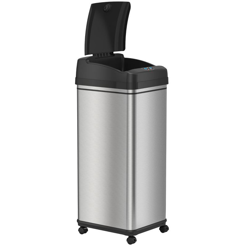 iTouchless Rolling Sensor Kitchen Trash Can with Wheels and AbsorbX Odor Filter 13 Gallon Silver Stainless Steel