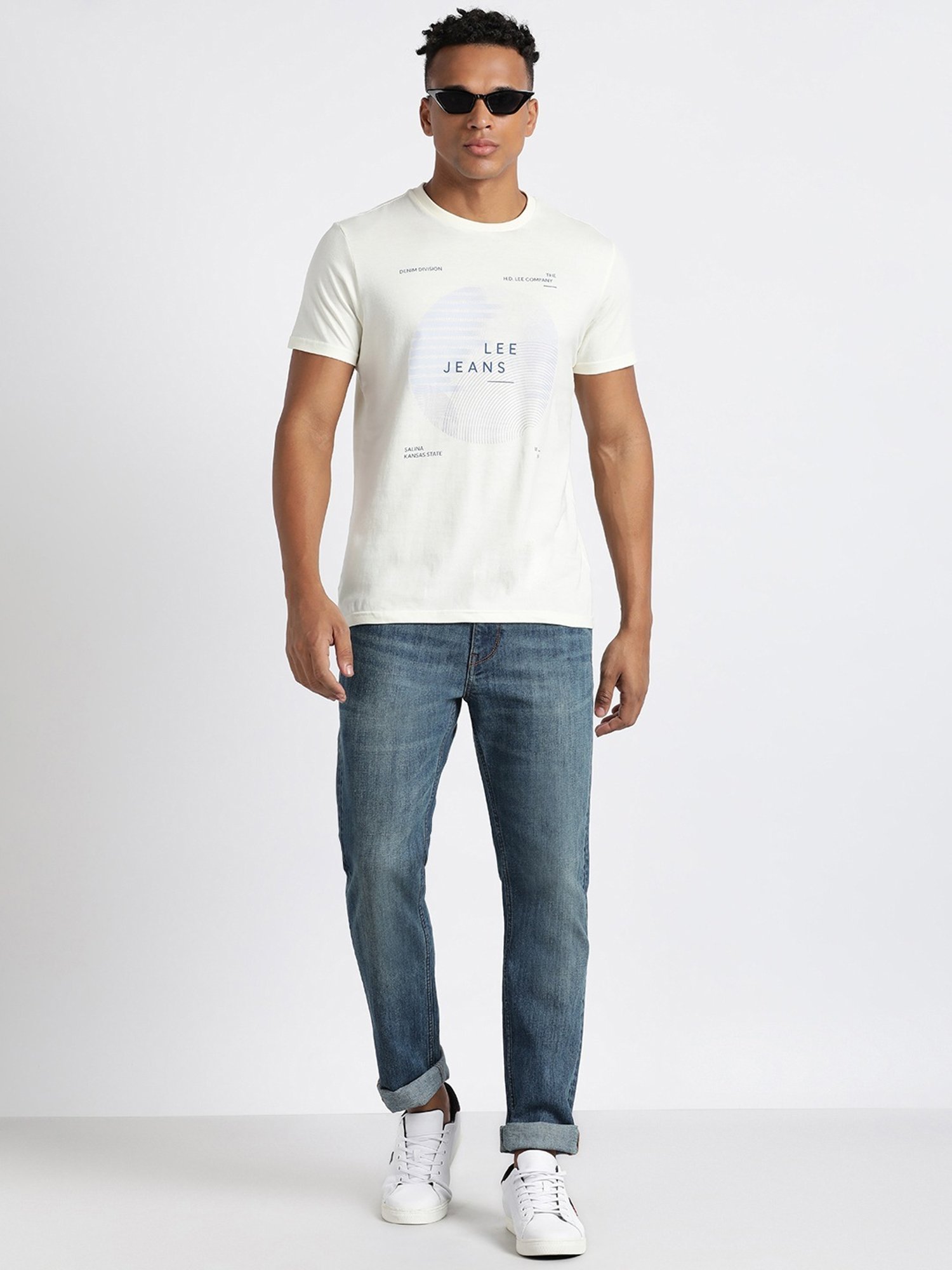 Lee White Cotton Slim Fit Printed T-Shirt
