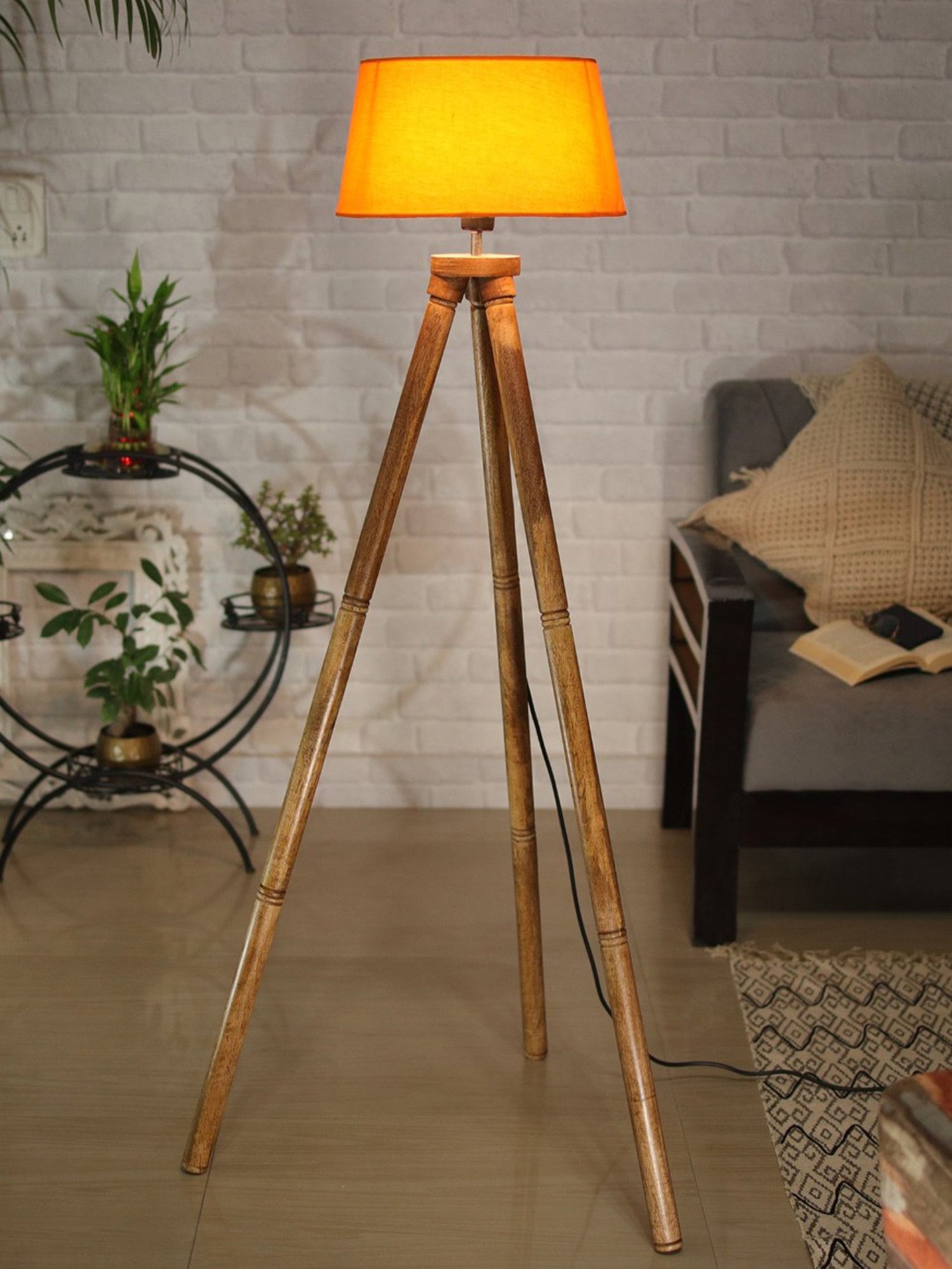 Homesake 'Tripod' Orange & Brown Wood Tall Floor Lamp With Shade & Bulb - Set of 1