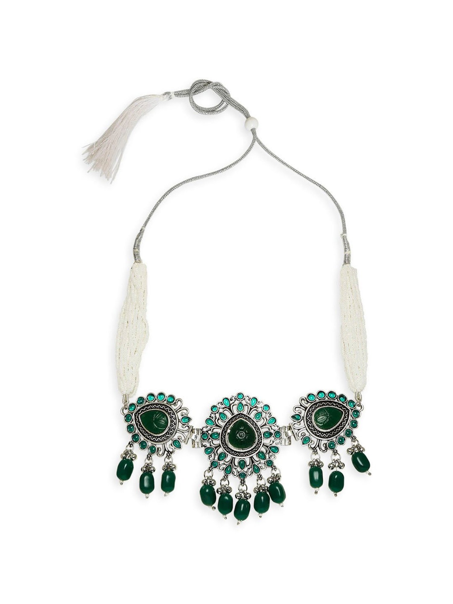 OOMPH Oxidized Silver Tone Maroon Pink Jaipur Stone Choker Necklace Set with Drop Earrings