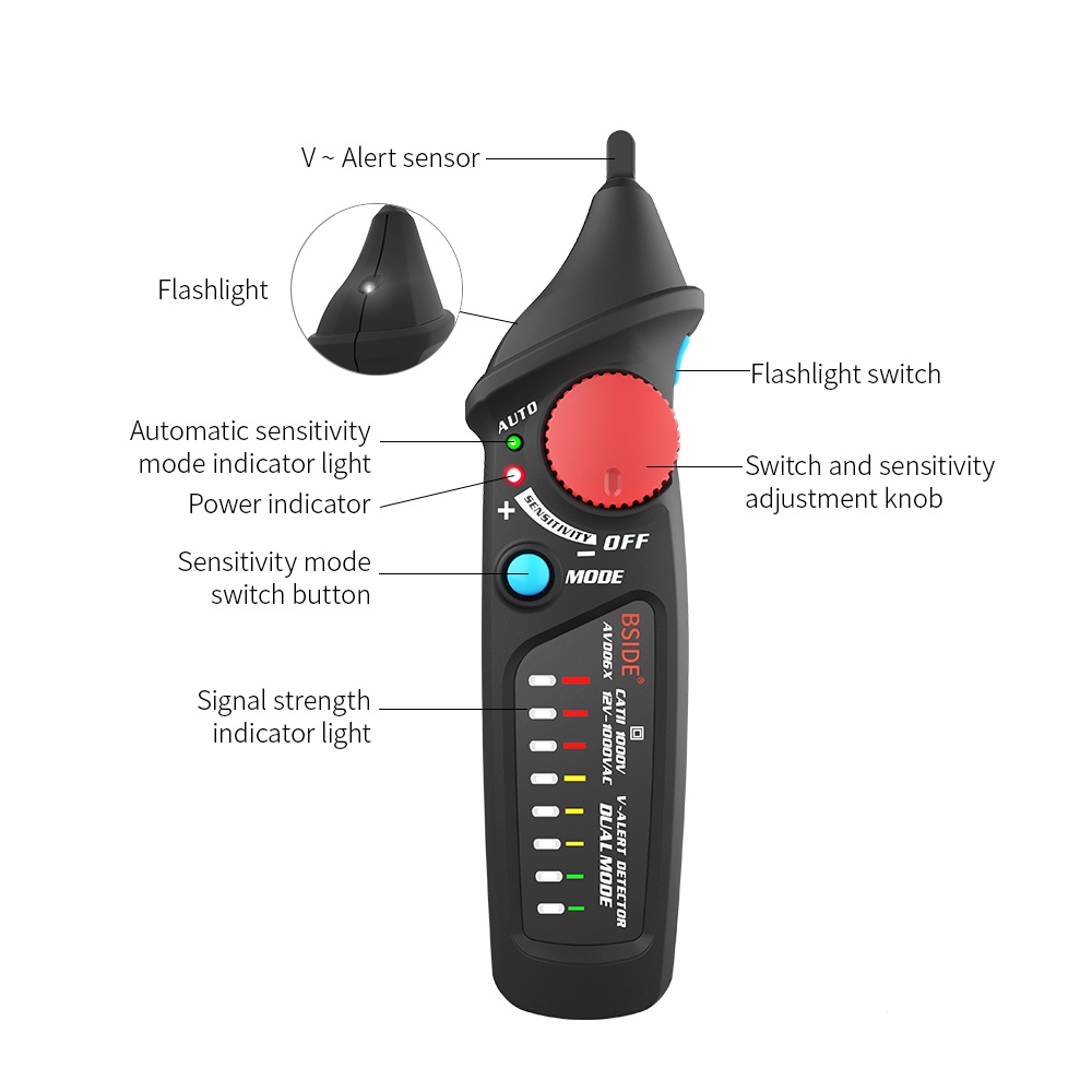 BSIDE Non-contact AC Voltage Tester Pen Shaped V~Alert Detector Auto/Manual Dual Mode NCV Tester Live Wire Check with Adjustable Sensitivity Sound and Light Alarm