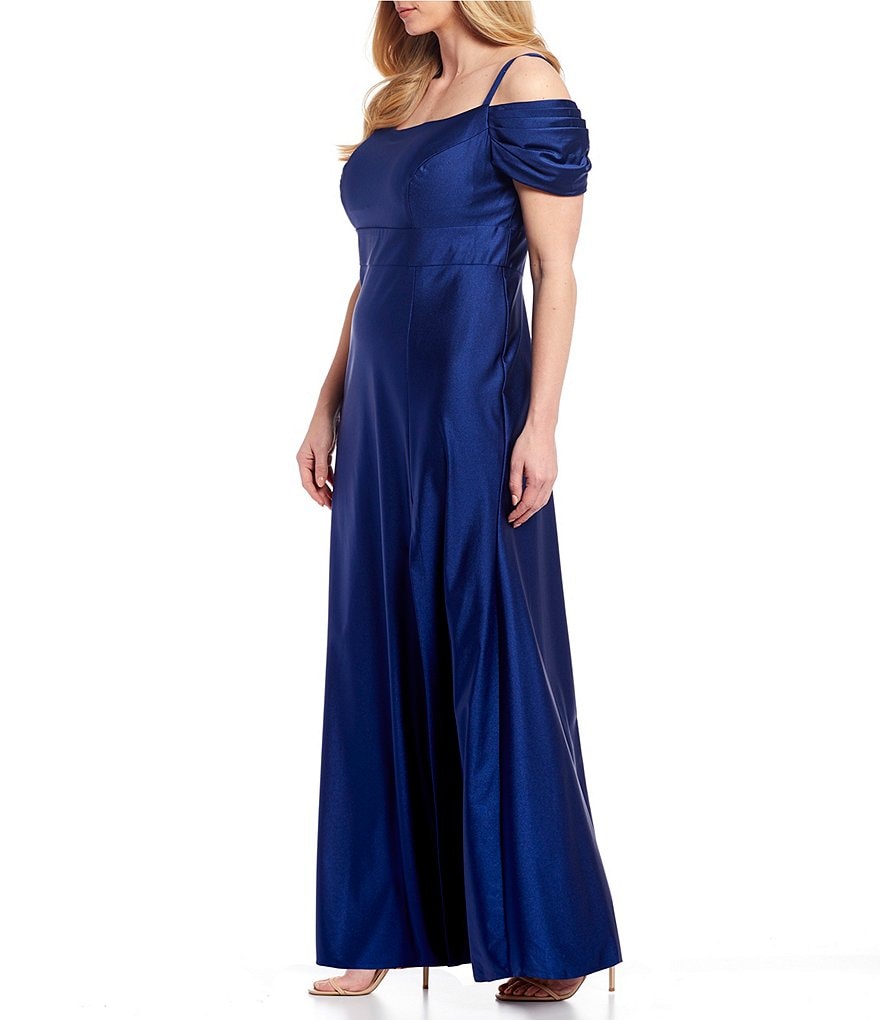 Morgan & Co. Plus Spaghetti Strap Off-the-Shoulder Side Slit Satin Long Dress