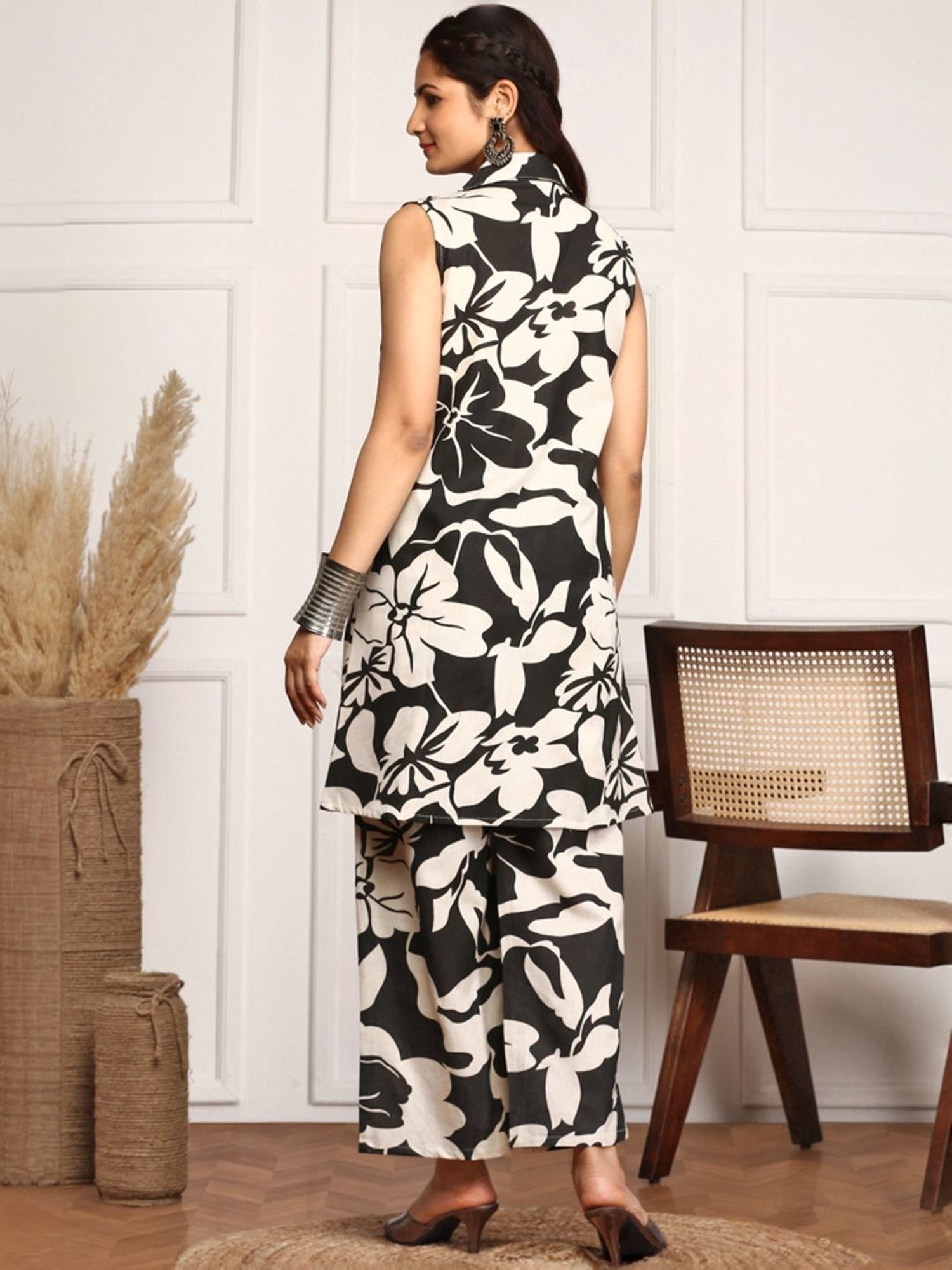 Ishin Black & White Floral Print Top & Palazzo Set with Jacket