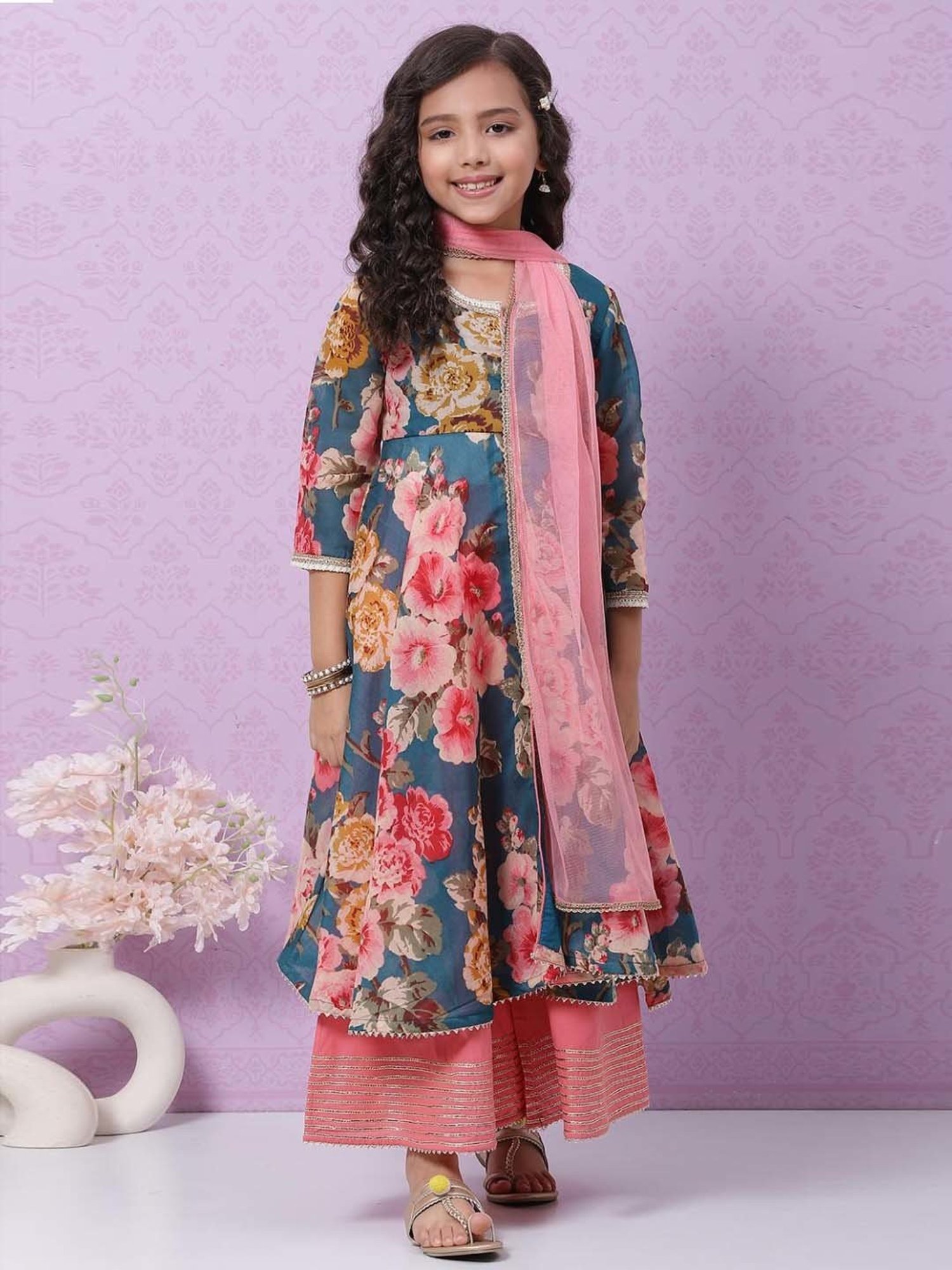 Biba Kids Blue & Pink Cotton Printed Kurta Set
