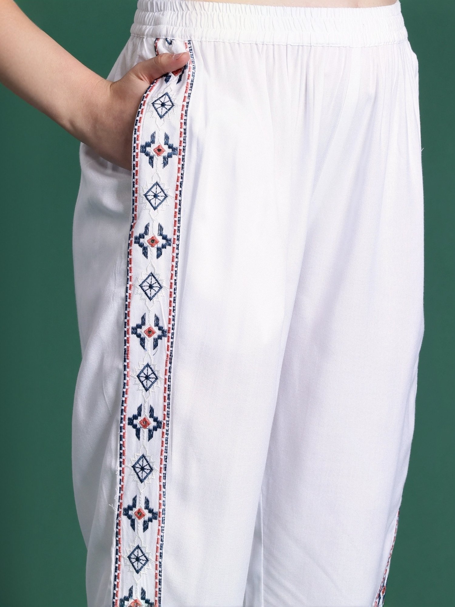 Indo Era White Embroidered Kurti Pant Set