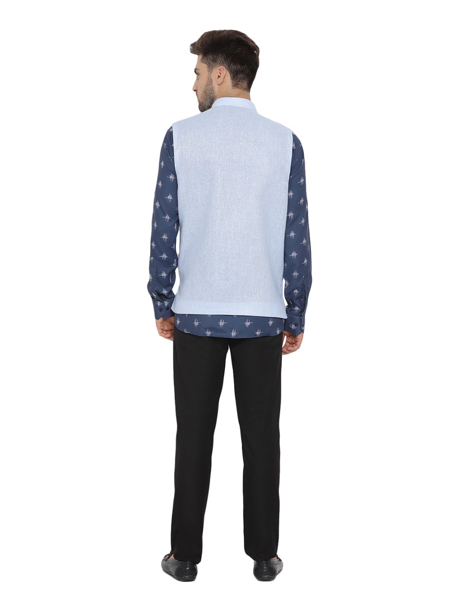 Hangup Blue Linen Regular Fit Printed Kurta Bottom & Jacket Set