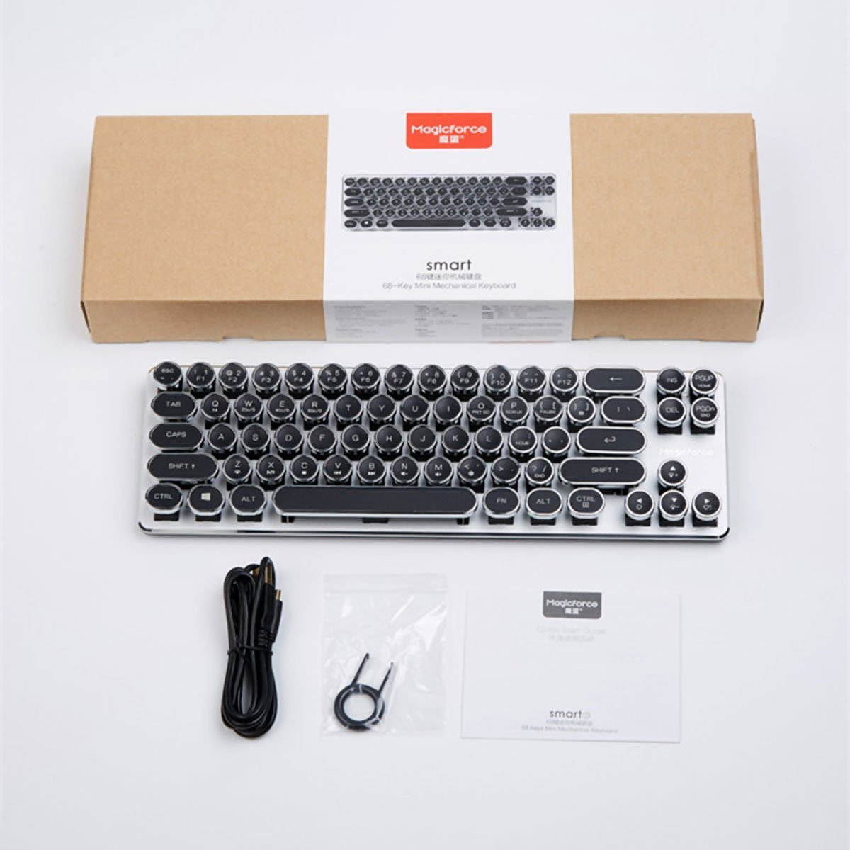 Mechanical Gaming Keyboard with Kailh Blue Switches White Backlight Silver Plate and Black Steampunk Retro Typewriter Style keycaps 68 Keys Mini Keyboard