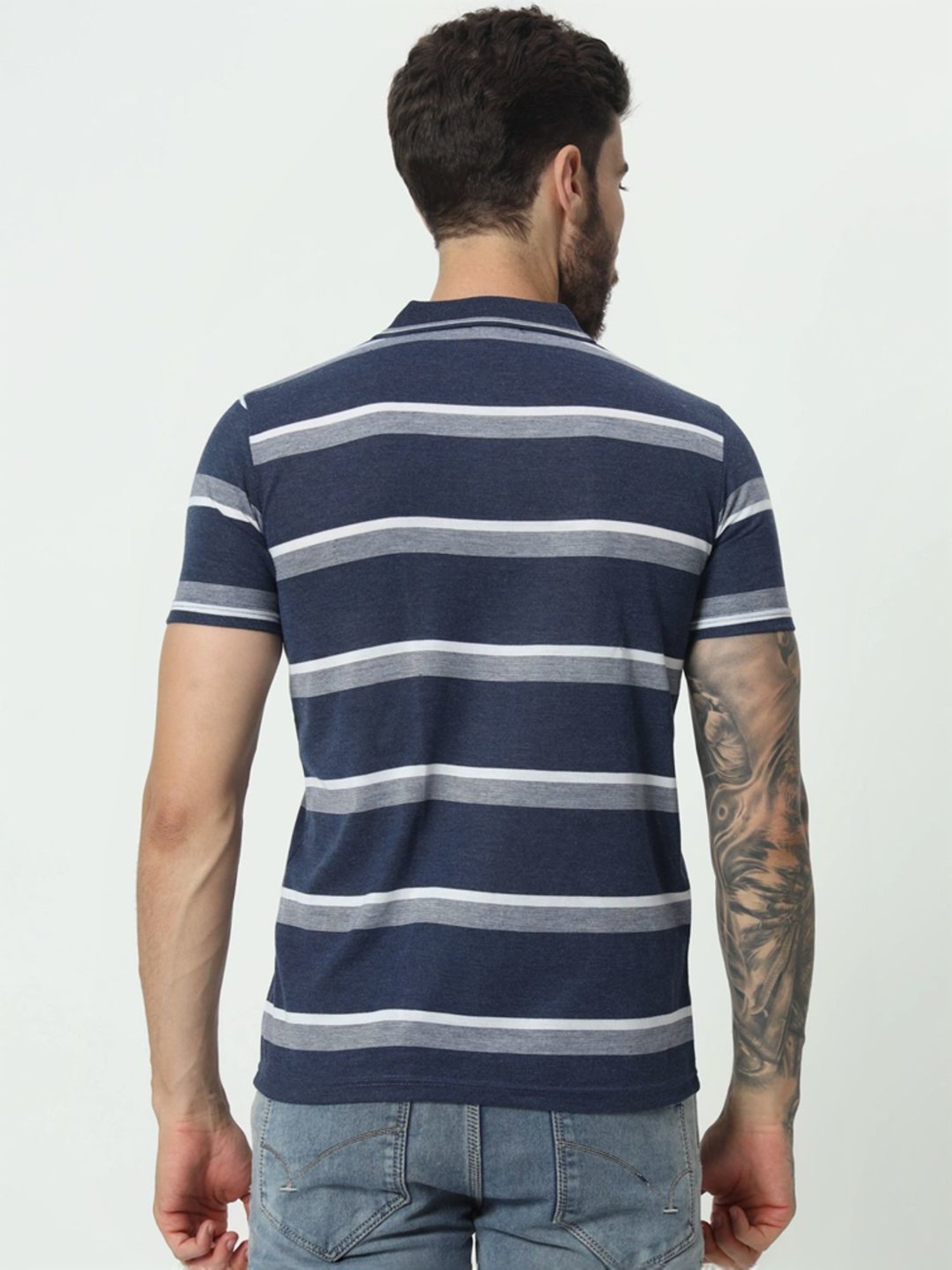 Tab91 Dark Blue Regular Fit Striped Polo T-Shirts
