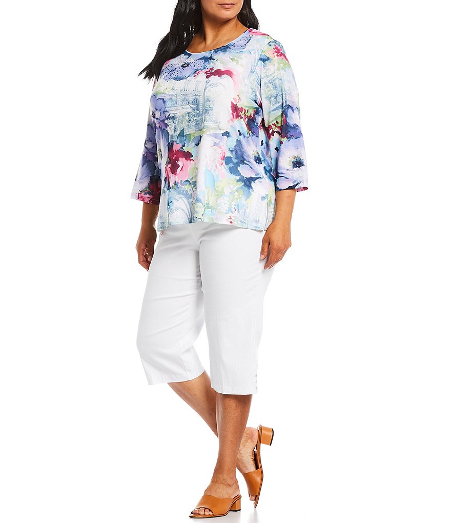 Allison Daley Plus Size French Bistro Print Rhinestone Embellished Detail 3/4 Sleeve Crew Neck Top