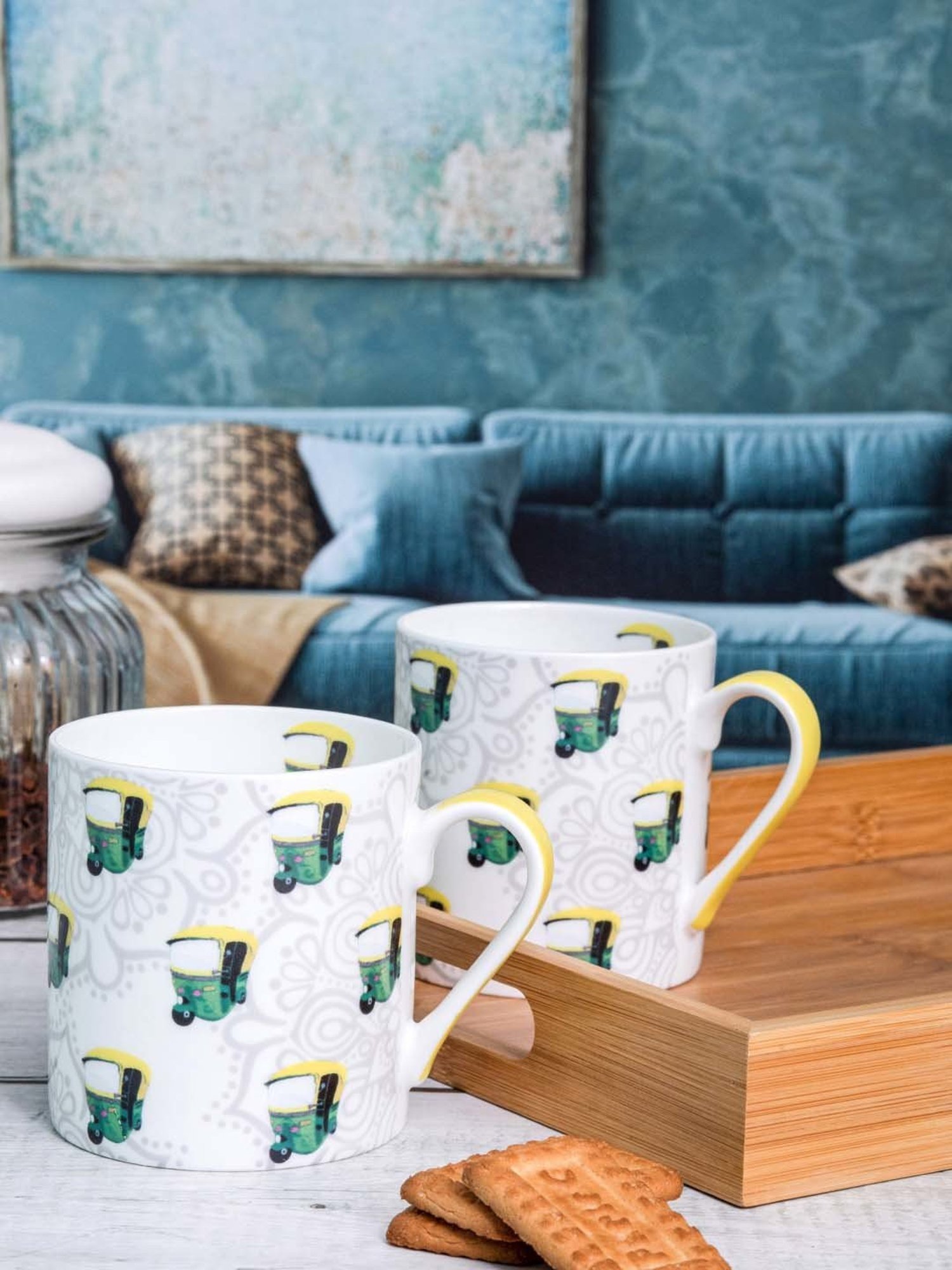 Goodhomes White & Green Bone China Coffee Large Mug (0.32 L) - Set of 2