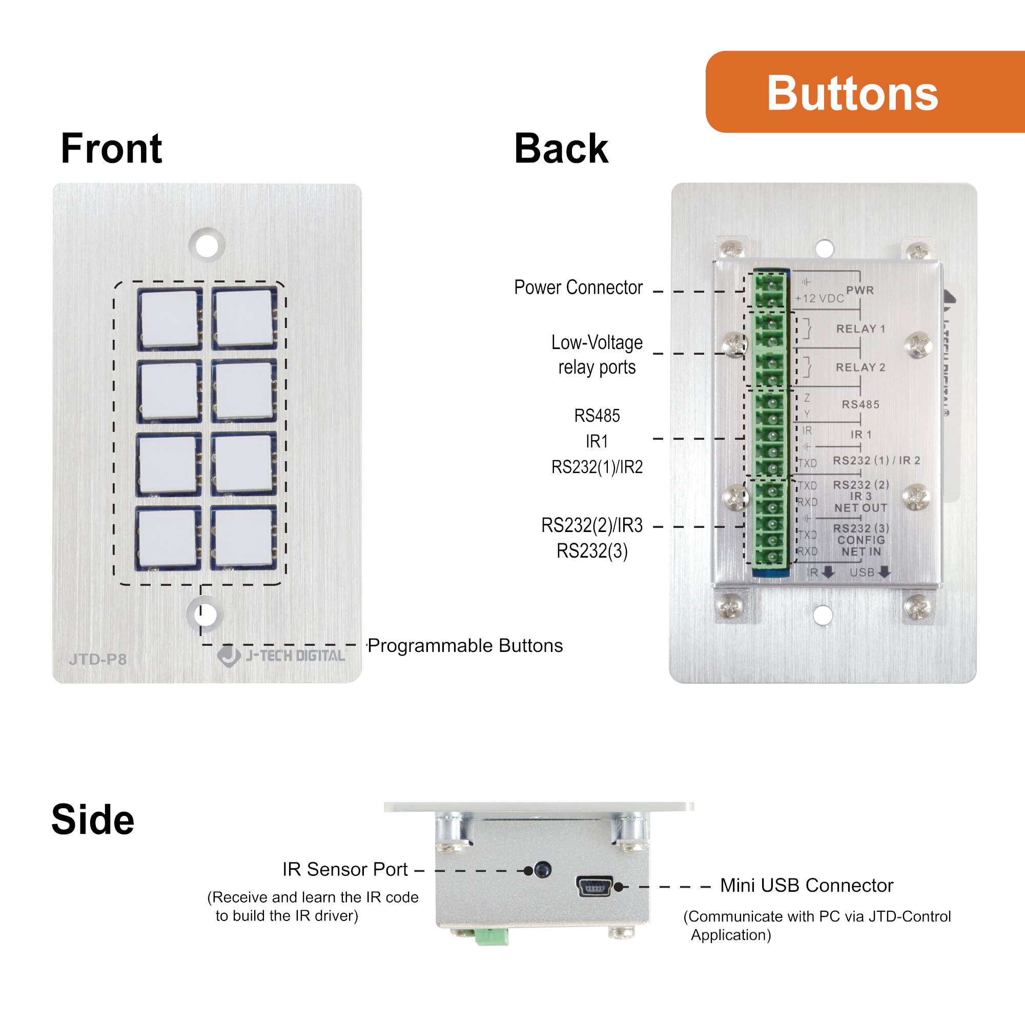 J-Tech Digital 8-Button Control Panel Wall Plate with Programmable LED Buttons, RS-232, RS-458, Relay and IR Control (JTD-P8)