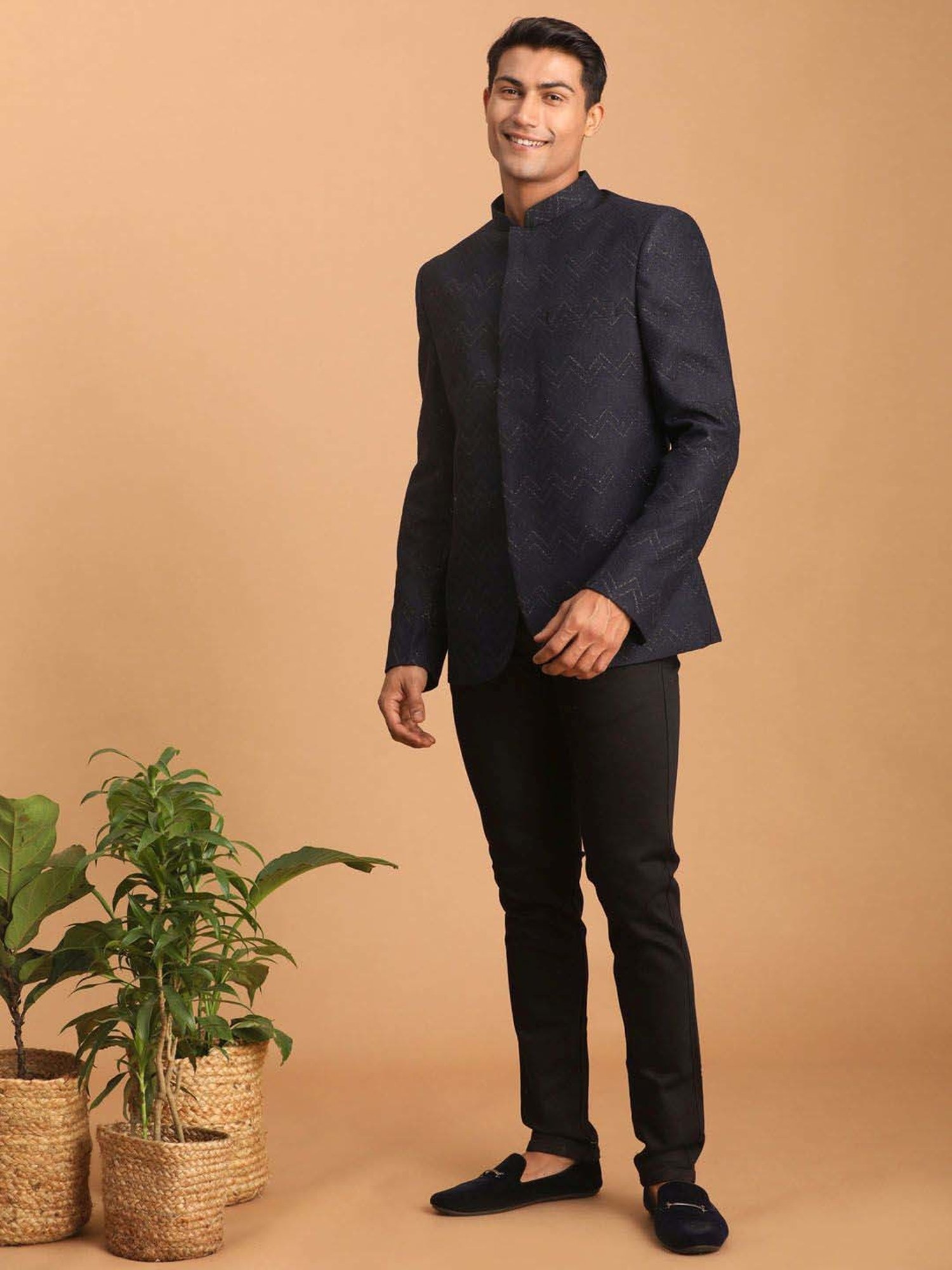 Vastramay Navy Regular Fit Embellished Ethnic Blazer