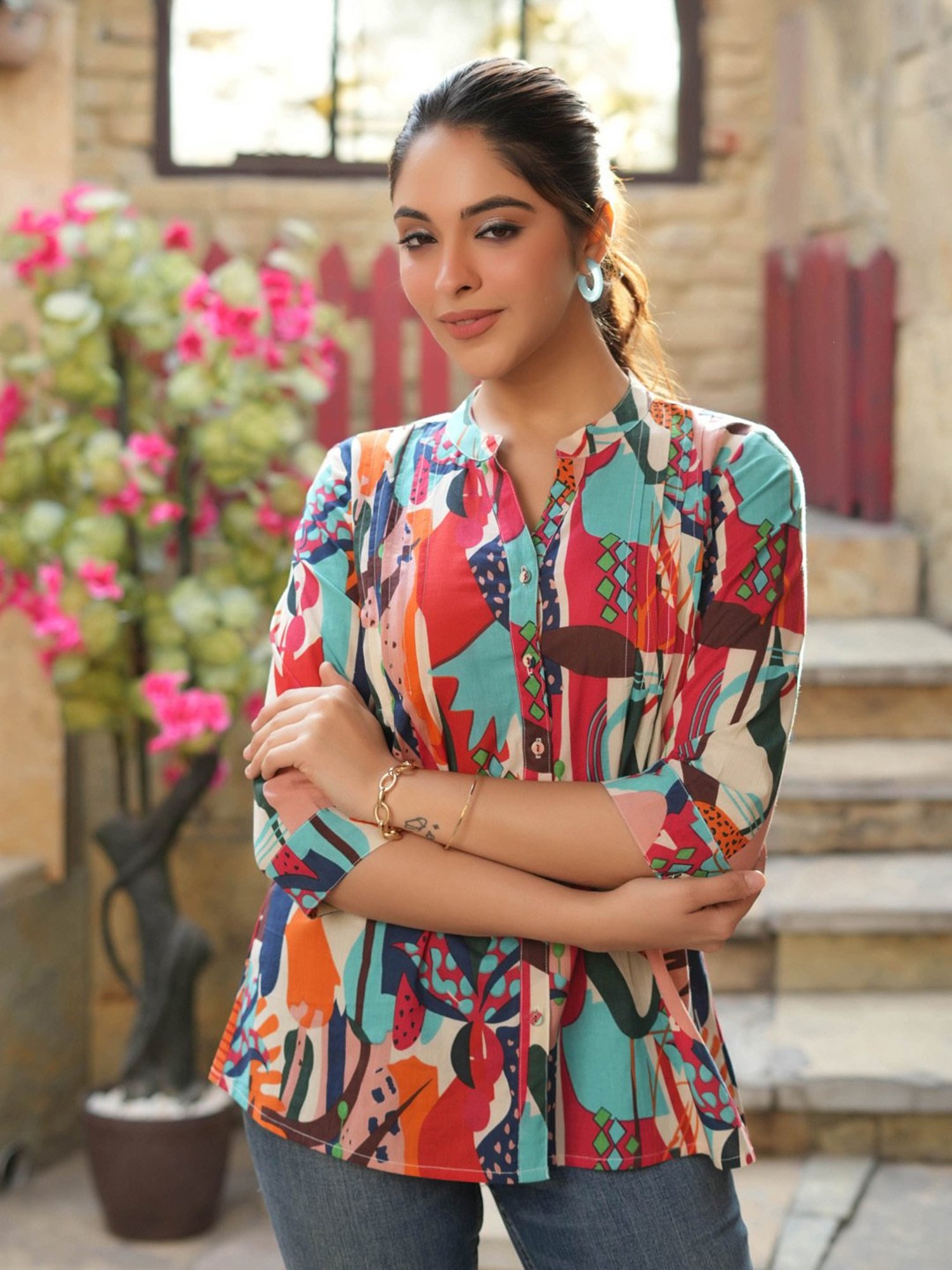 Rain and Rainbow Multicolored Cotton Printed Straight Kurti