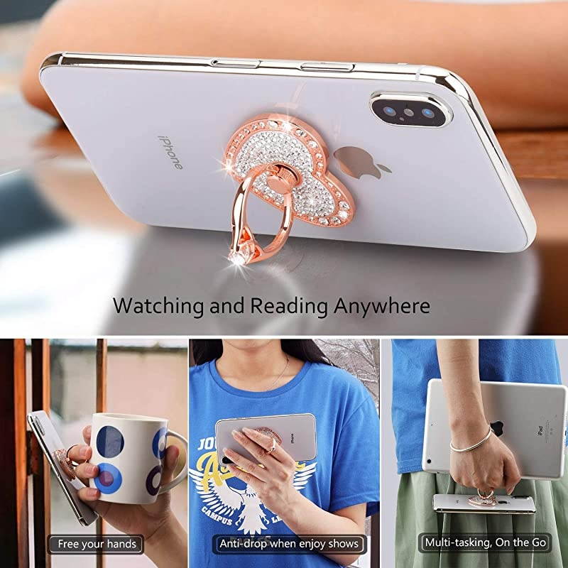 Cell Phone Finger Ring Holder with Blingy Crystals,  Heart Love Phone Ring Kickstand [Washable] [Removable], 360&deg;Rotation Zinc Alloy Ring Grip Stand for All Phones (Rose Gold)