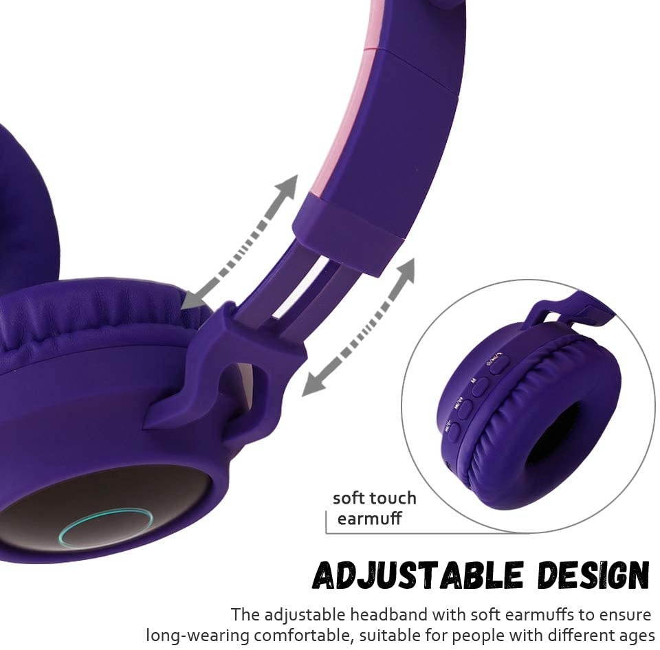 Kids Bluetooth 5.0 Cat Ear Headphones Foldable On-Ear Stereo Wireless Headset with Mic LED Light and Volume Control Support FM Radio/TF Card/Aux in Compatible with Smartphones PC Tablet (Purple)
