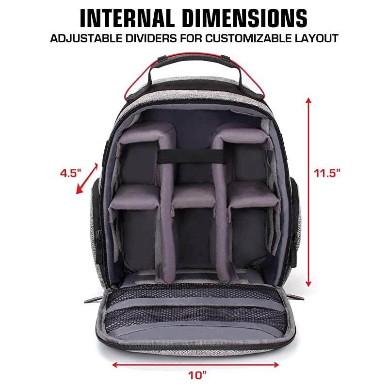 Portable Camera Backpack for DSLR Gray with Customizable Accessory Dividers Weather Resistant Bottom and Comfortable Back Support Compatible with Canon Nikon and More